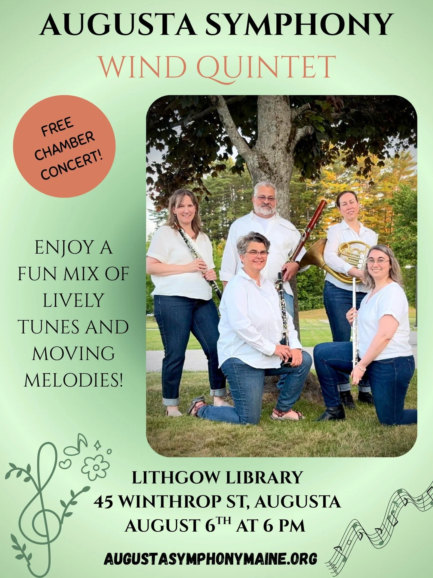 Plan your mid-week pick-me-up now! The Augusta Symphony Wind Quintet will be playing a little concert at the Augusta Library- @lithgowlibrary - on Wednesday at 6:00 PM! Hope to see you there!