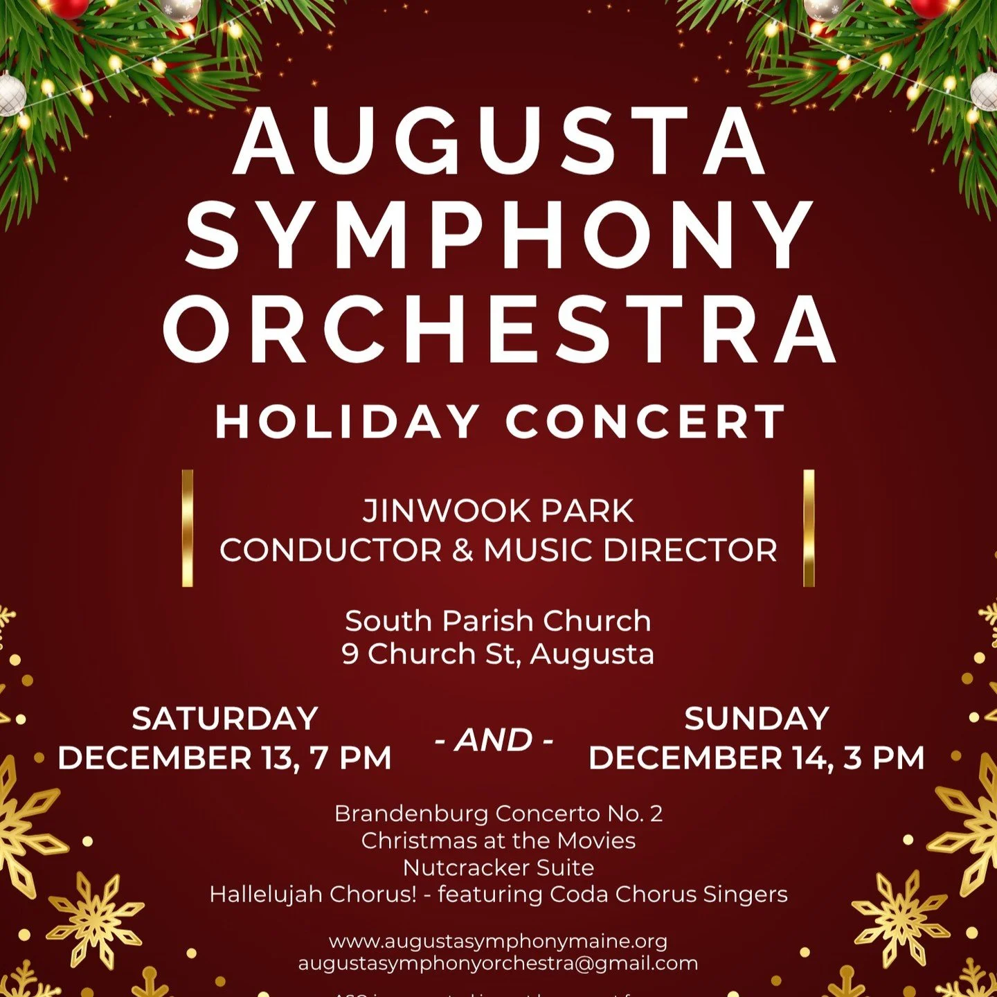 A Celebration of the Season with the Augusta Symphony Orchestra!

The Augusta Symphony Orchestra invites you to celebrate the magic of the holidays with two performances at South Parish Church, 9 Church Street in Augusta. Join us on Saturday, Decembe