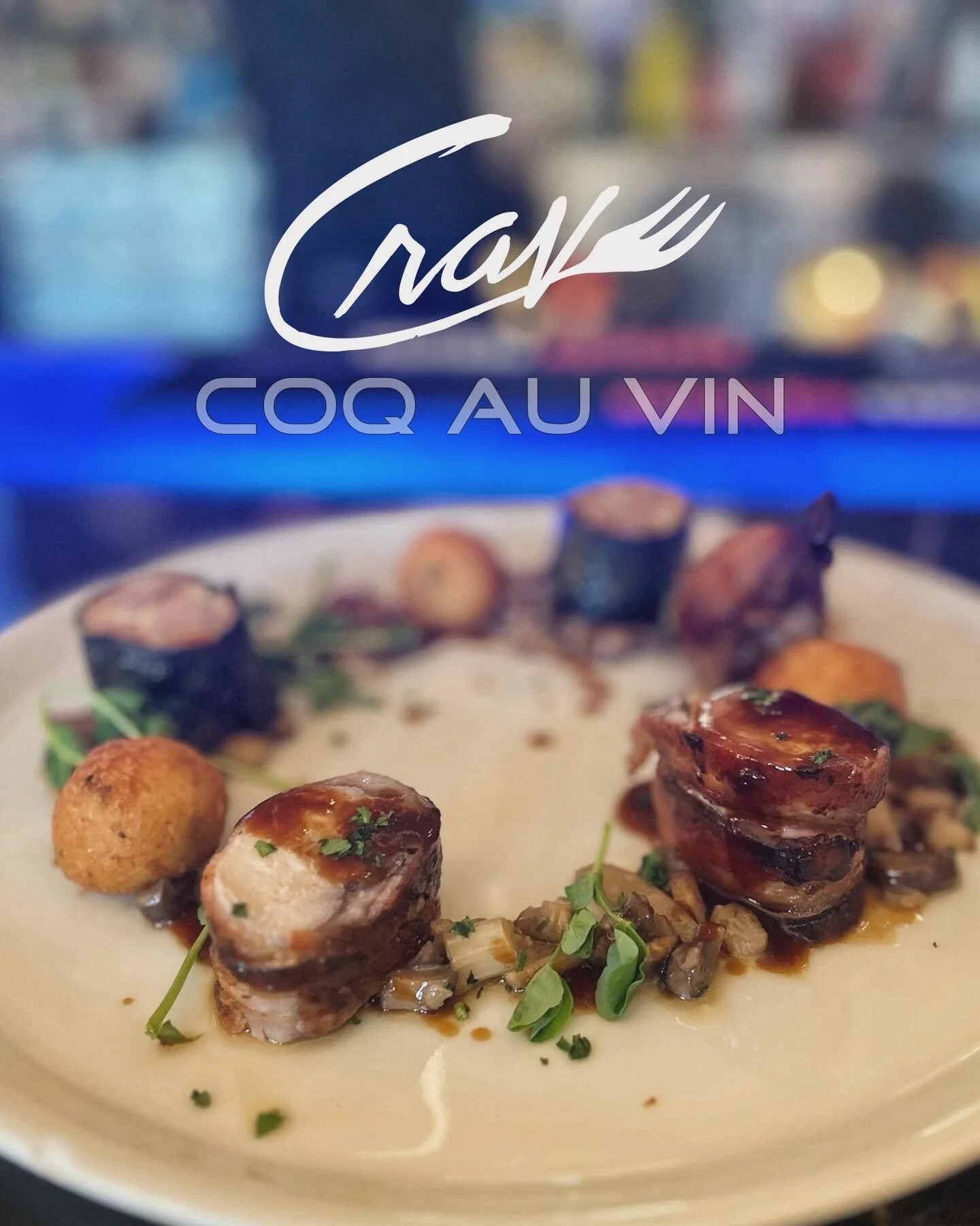 Here&rsquo;s a look at last weekend&rsquo;s dinner special: Coq au Vin. This culinary masterpiece is chicken that is braised in red wine, complemented by applewood smoked bacon, cremini mushrooms, white asparagus, and noisette potatoes. At Crave, our