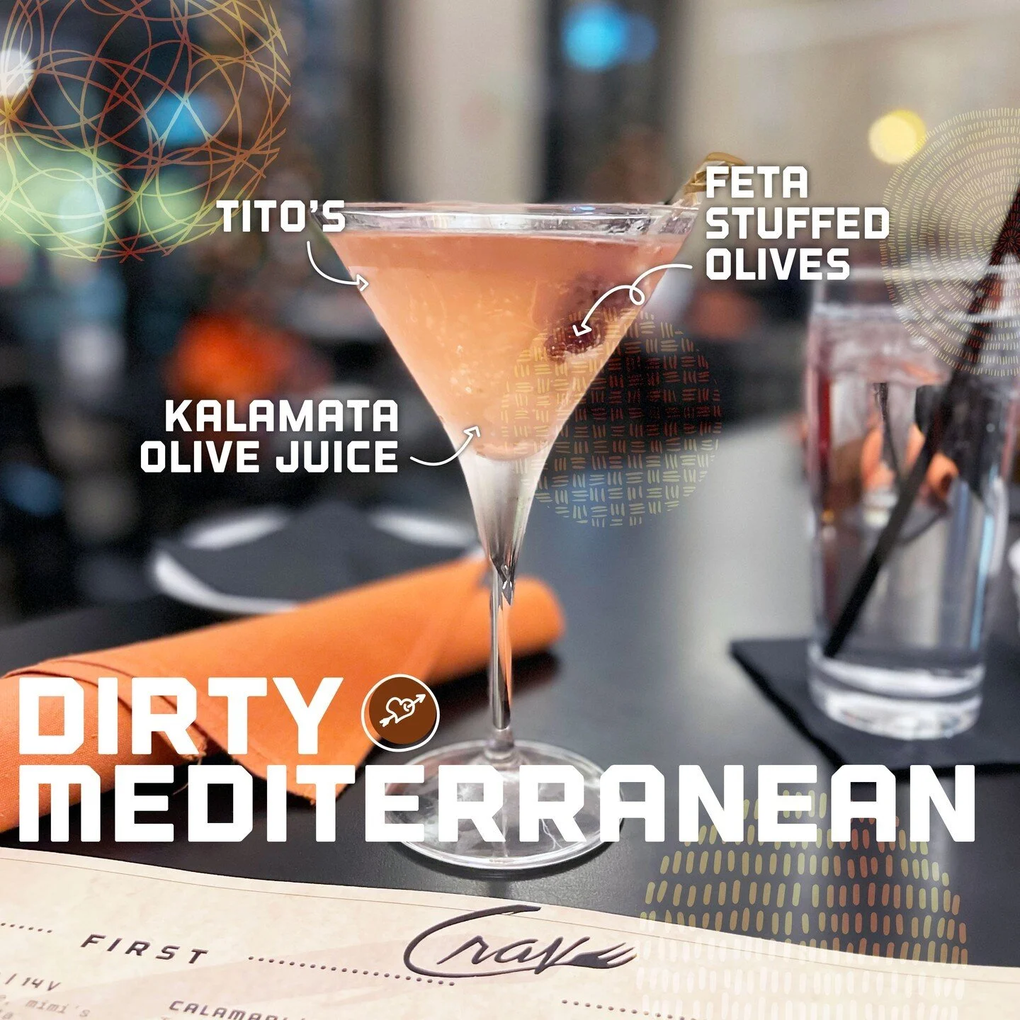 The winter blahs disappear when you take a sip of our dirty mediterranean. Spend your happy hours at Crave 🥂 
Dirty Mediterranean: Tito's. kalamata olive juice. feta stuffed olives.
⏰ Happy hours are every Monday-Friday 3-6pm!
.
.
.
#craveakron #eat