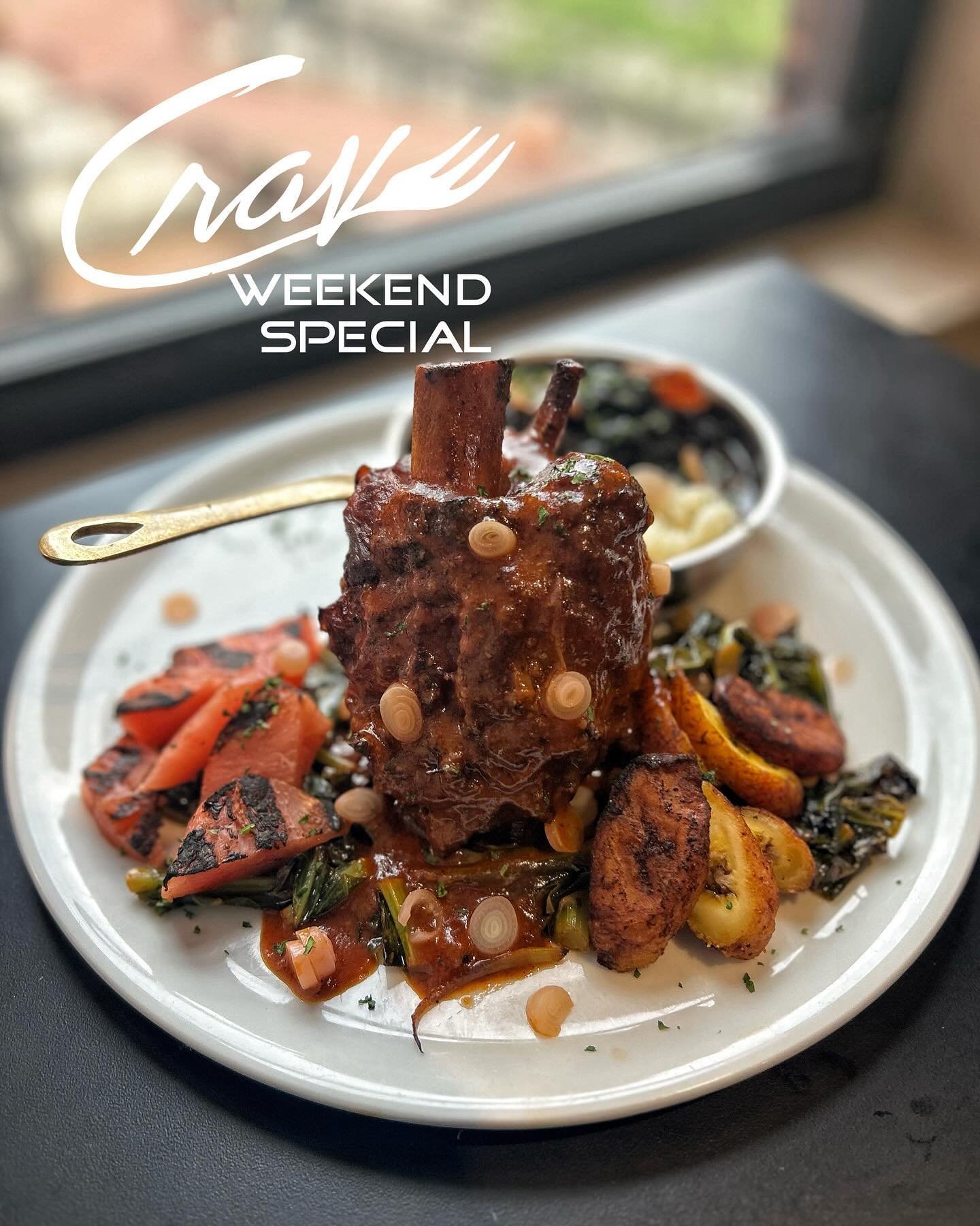 Savor the weekend with our mouthwatering special: Braised Pork Al Pastor at Crave! Indulge in slow-cooked pork shank bathed in pineapple guajillo broth, served with white rice, stewed black beans, pink pineapple, fried plantains, and cerveza-braised 