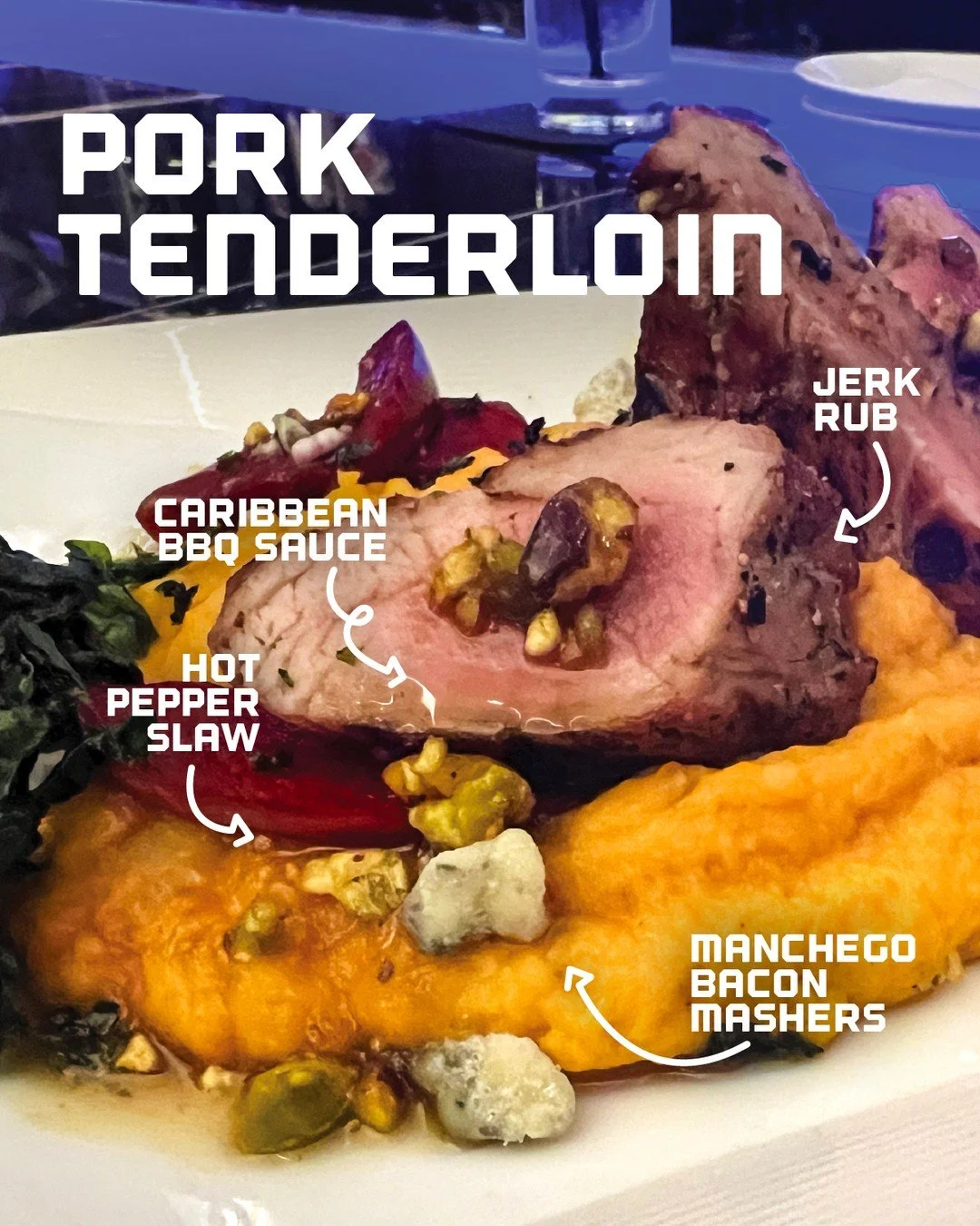 🔥 PORK TENDERLOIN 🔥
Next time you’re at Crave, treat yourself to our Pork Tenderloin! It's perfectly seasoned with jerk spice and served with creamy manchego bacon mashers, tangy Caribbean BBQ, and a spicy West Indies hot pepper slaw for the