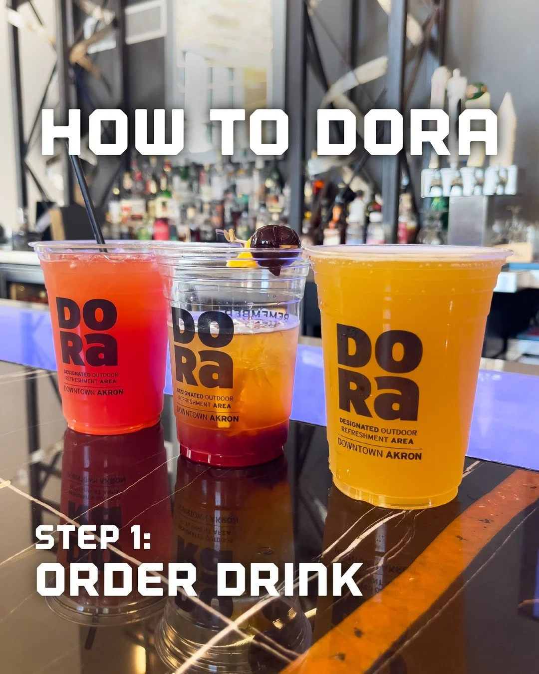 Downtown Akron’s Designated Outdoor Refreshment Area (DORA) lets you sip, stroll, and enjoy the city - starting right here at Crave! 🍹
How It Works:
1. Visit Crave’s main bar and order your DORA beverage to-go.
2. Explore and enjoy down
