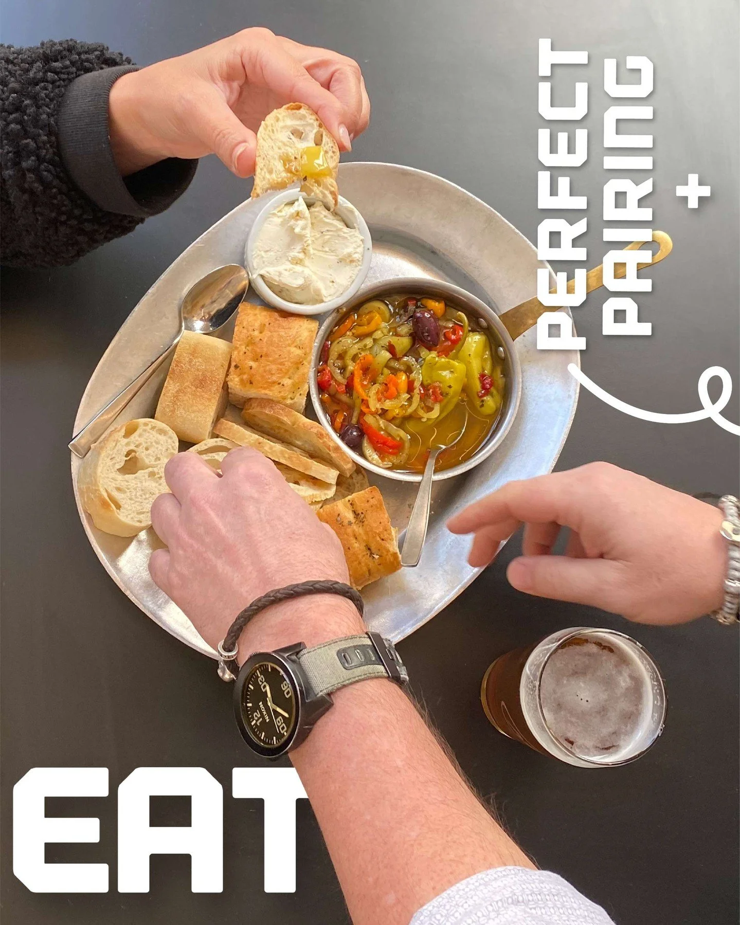 Bright, punchy, and built to share. The Akron-Style Giardiniera &mdash; pickled peppers, olives, garlic herb oil, and creamy whipped feta-boursin spread with focaccia, ciabatta, and baguette &mdash; meets its match in the Cantina Paloma. Ruby red gra