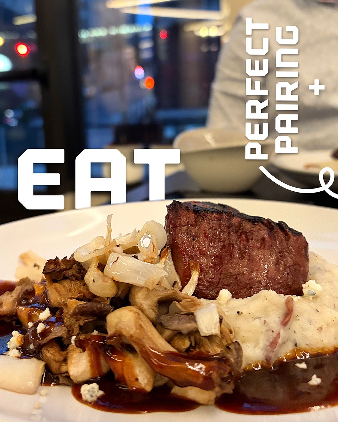 Some pairings just make sense. Our Filet with a glass of Hess Maverick Ranches Cabernet, accompanied by black truffle mashed potatoes, cipollini onions, oyster mushrooms, and a cognac black pepper demi, served with blue cheese. This is the dinner you