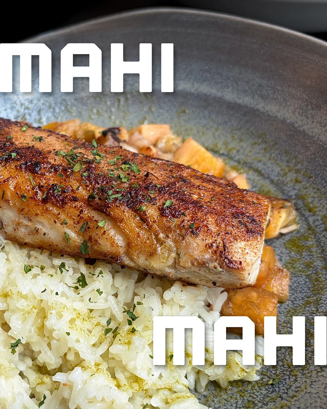 Island heat meets summer sweet. Our Jerk Mahi Mahi is seared with bold Caribbean spice and served over orange coconut rice, topped with grilled pineapple jalape&ntilde;o salsa and a drizzle of cilantro oil. Bright, citrusy, and just the right amount 