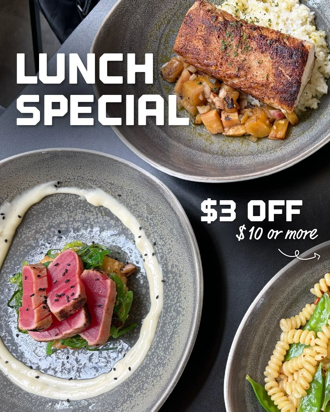 Downtown Akron, it&rsquo;s time for lunch away from your desk! 

Need more incentives? $3 off. Every weekday. No catch. 

Order $10 or more between 11 AM and noon, Monday through Friday, and we knock $3 off the bill. That&rsquo;s a free drink, a bigg