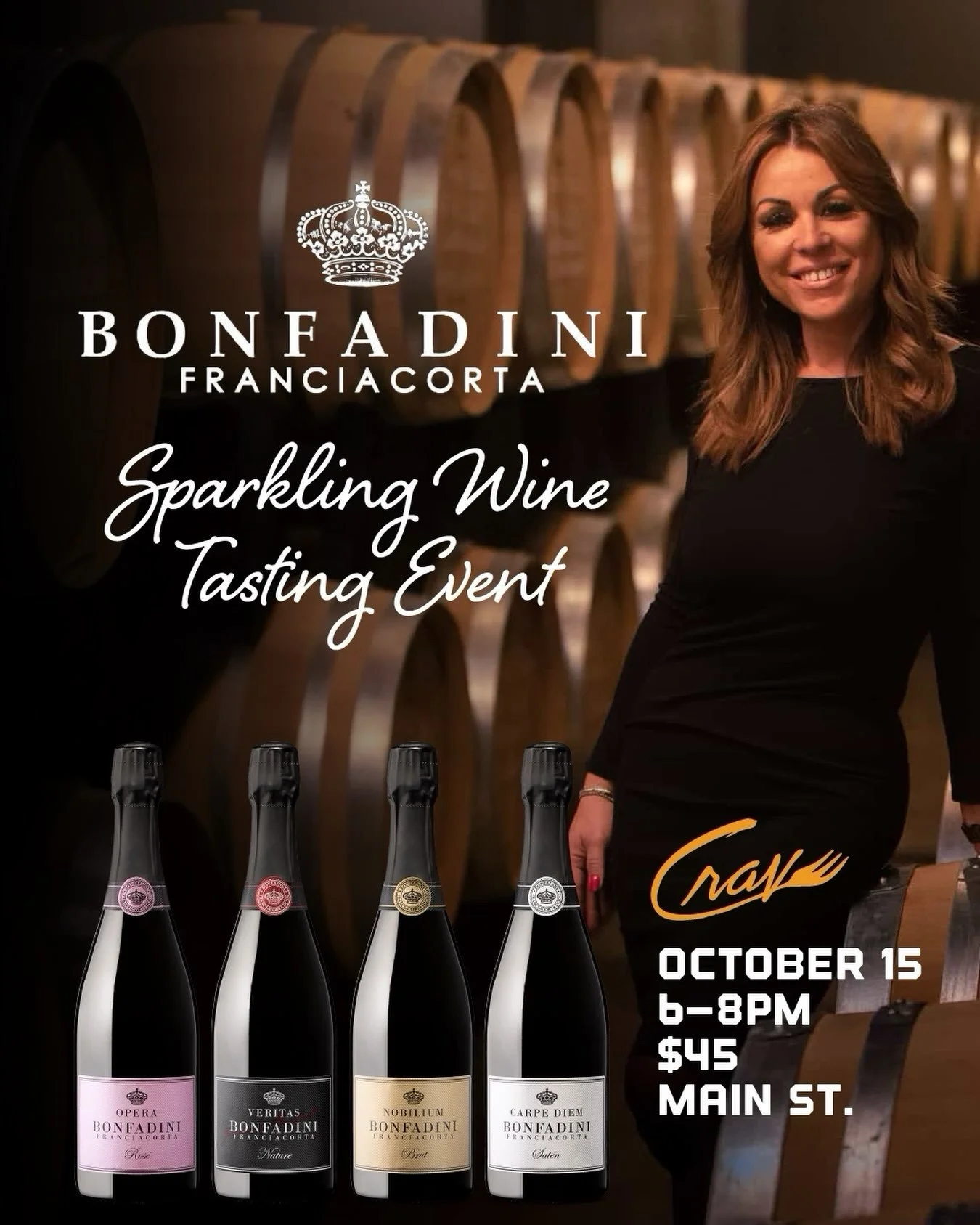 Mark your calendar for our upcoming special event. Taste four Franciacorta sparkling wines, October 15 from 6-8pm! 
 
🍾 A chance to meet the winemaker, Francesca Bonfadini herself. 

🇮🇹 A little taste of Italy, right here at Crave
✨ Four Italian s