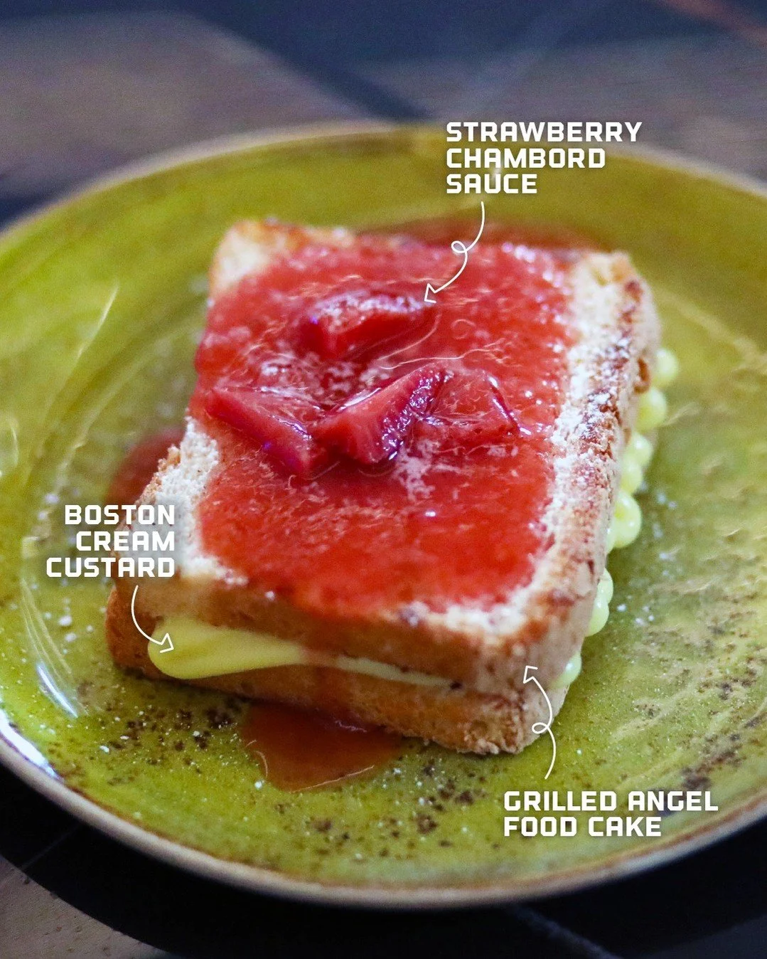 Ever wonder why it's called angel food cake? Traditionally made with egg whites, it's known for it's light, airy texture and heavenly name.

We grill ours and top it with Boston cream custard and strawberry Chambord sauce. Celebrate National Angel Fo