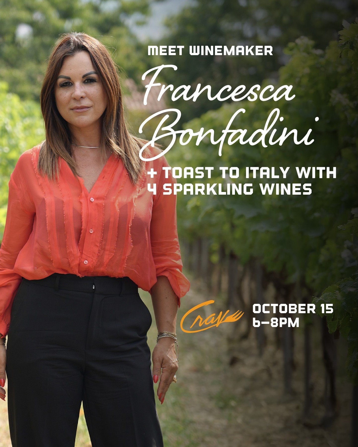 Don&rsquo;t miss this one! 🥂🇮🇹 Winemaker Francesca Bonfadini is joining us all the way from Iseo, Italy for a one-night-only tasting here at Crave on Main Street. 

For just $45 per person, taste four sparkling wines from Bonfadini Winery, meet Fr