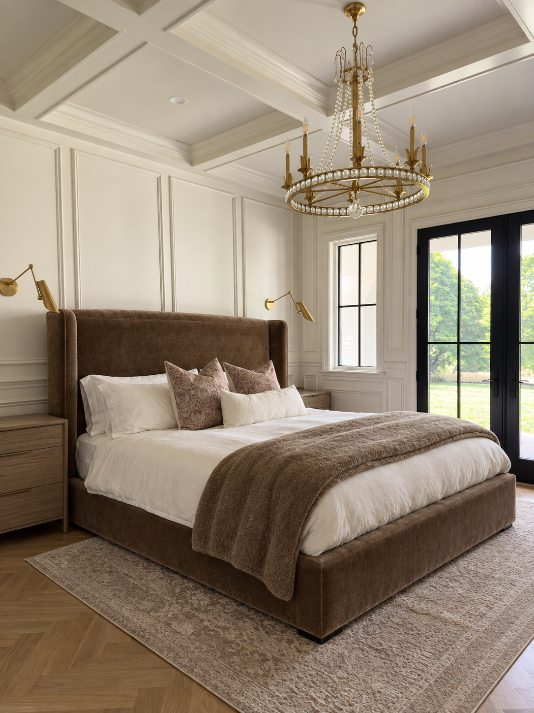 A bedroom featuring a large bed with a brown upholstered headboard, beige bedding, and decorative pillows. The room has white paneled walls, a chandelier hanging from the ceiling, two wooden nightstands, and a window and glass door leading outside, a