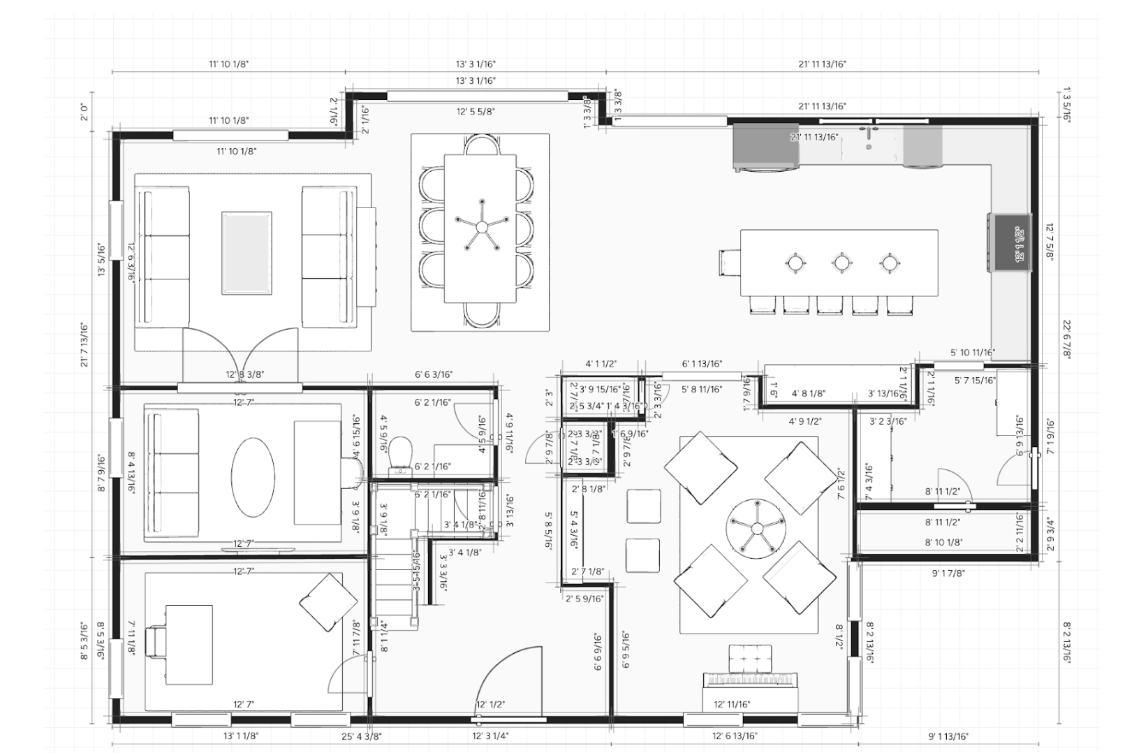 Floor plan of a house showing rooms, walls, doors, and furniture layout with detailed measurements.