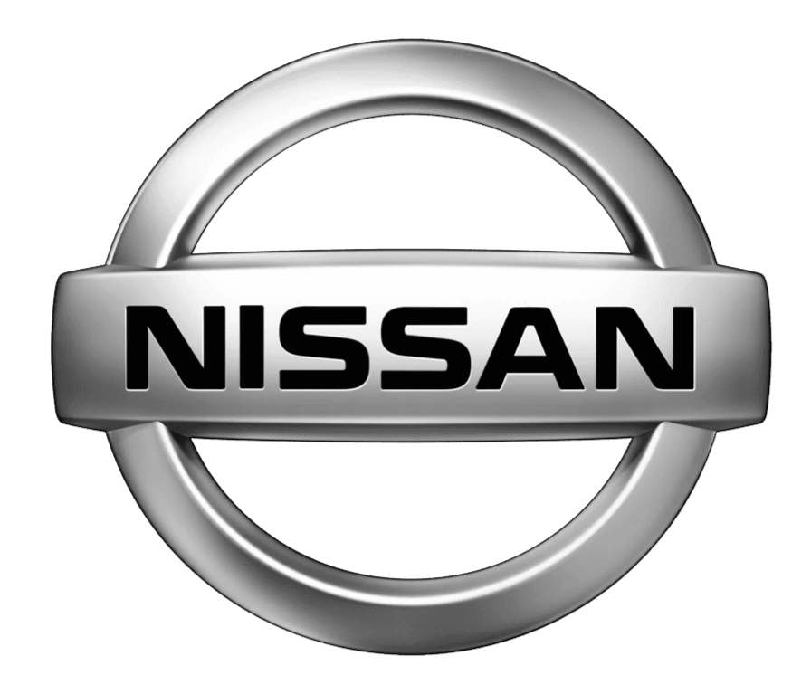Silver Nissan logo against a black background.