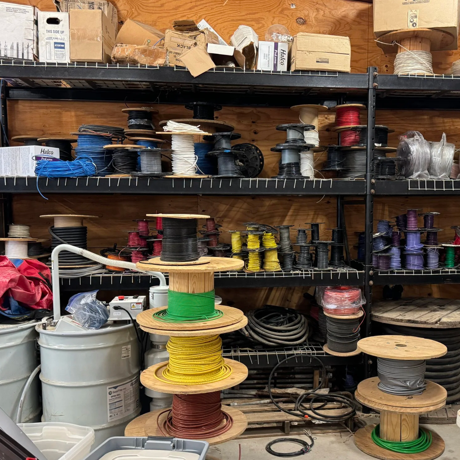 reels of thhn electrical wire on shelves