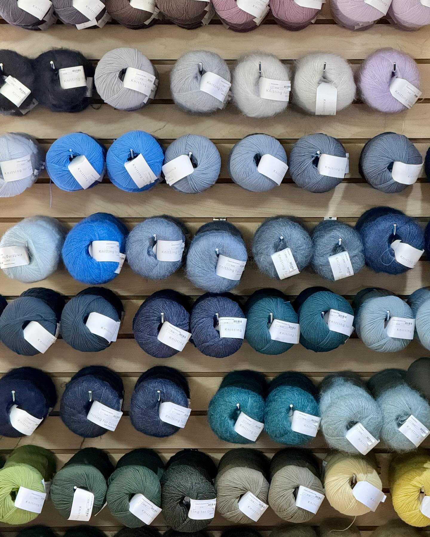 @mitchelltiina and @dianakeairnes built this bewpwall of yarn. Big restock from @knittingforolive  Wool, cotton merino, silk and silk/mohair. #knit #knitting  #knittersoftheworld  #knitters #doers #makers #craft #create #lys #fortcollins #wool #cotto