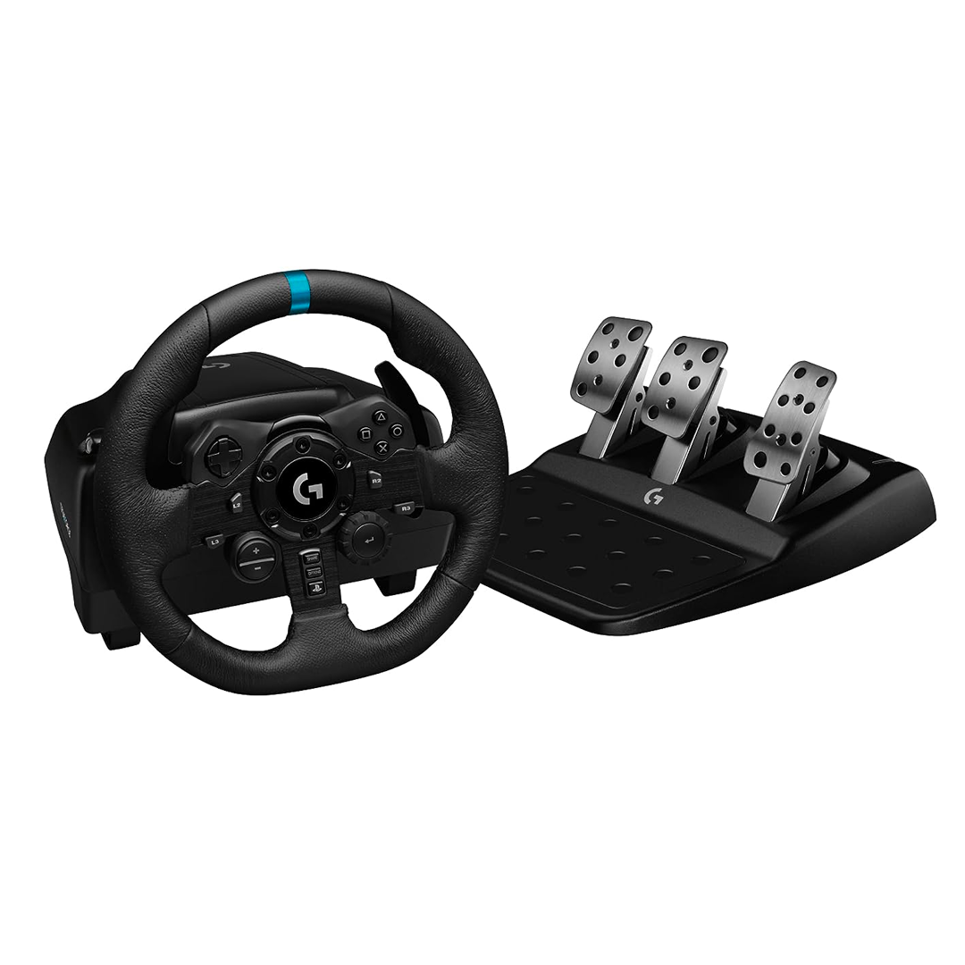 Logitech G923 Racing Wheel and Pedals, TRUEFORCE up to 1000 Hz Force Feedback, Responsive Driving Design, Dual Clutch Launch Control, Genuine Leather Wheel Cover, for PS5, PS4, PC, Mac - Black