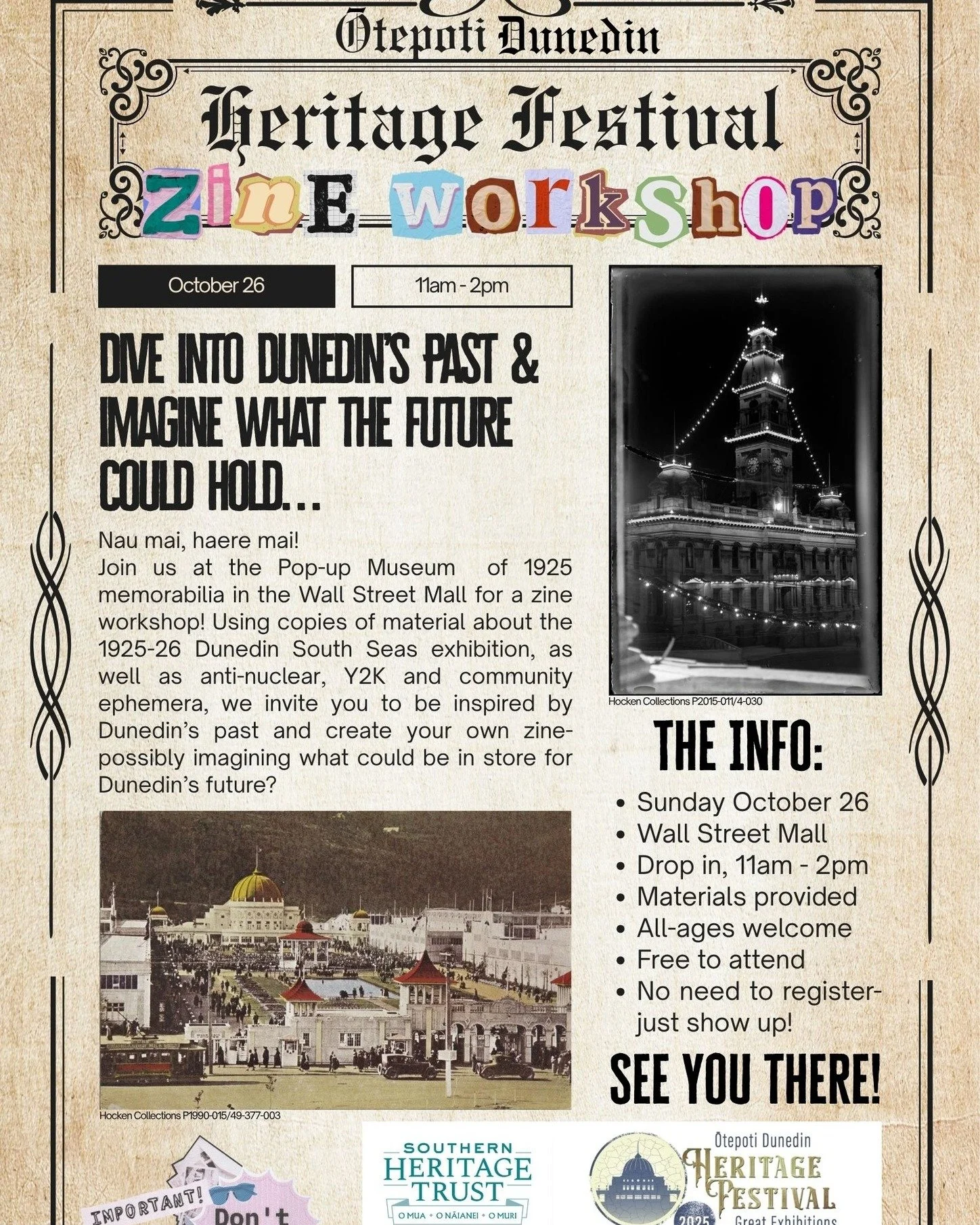 While our festival finished over the weekend, there is still HEAPS going on over the rest of October. The Ōtepoti Dunedin Heritage Festival runs to the end of this month,  with lots of fun things to do. If you didn't get enough zine-action at our hub