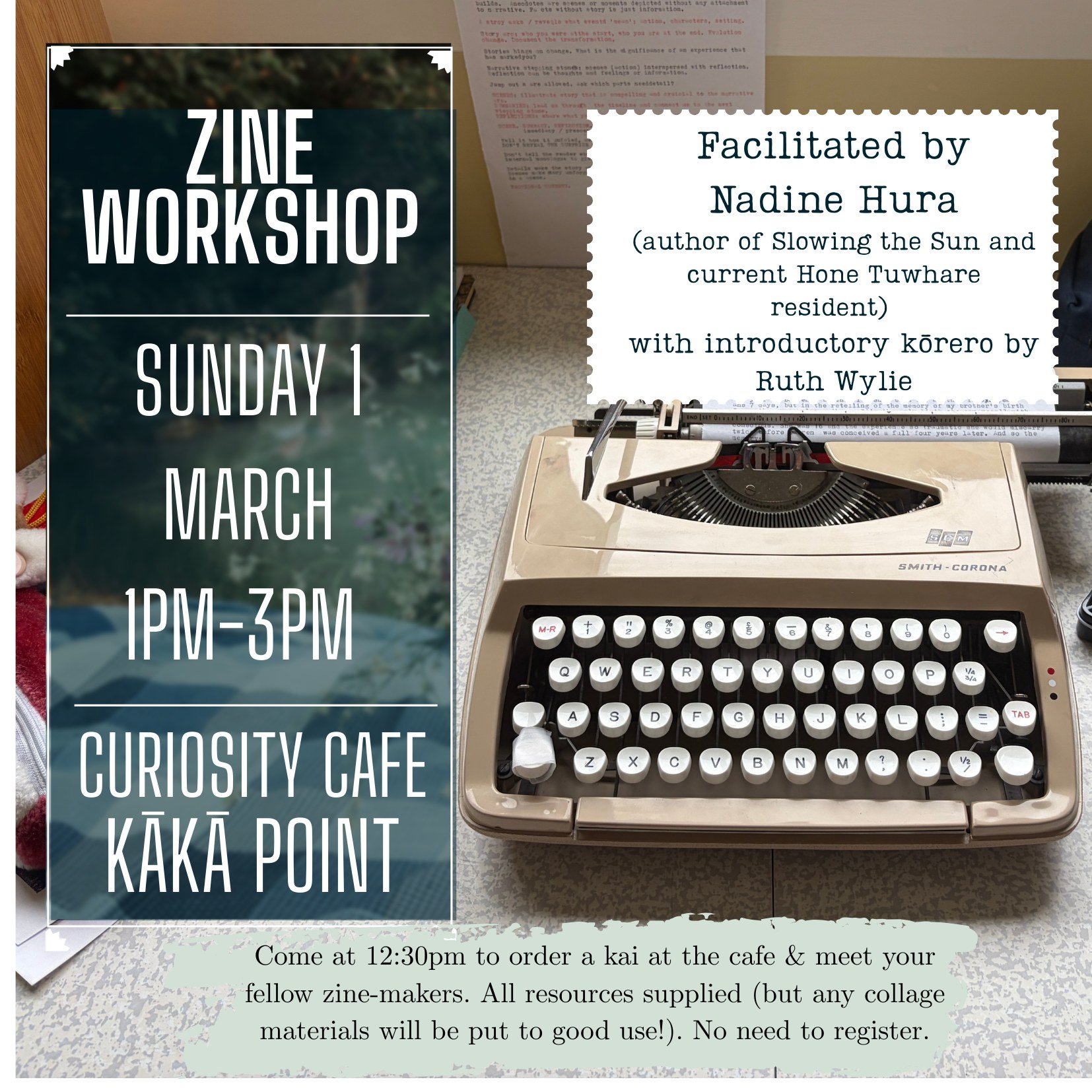 ✂️🖊️ Pop along to @nadineannehura's Pop-up Zine workshop at the Curiosity Cafe in Kākā Point. 

This workshop will be relaxed and fun. Come on Sunday 1st March at 12pm-ish to grab a kai at the cafe and meet your fellow zinemakers - zine making will 