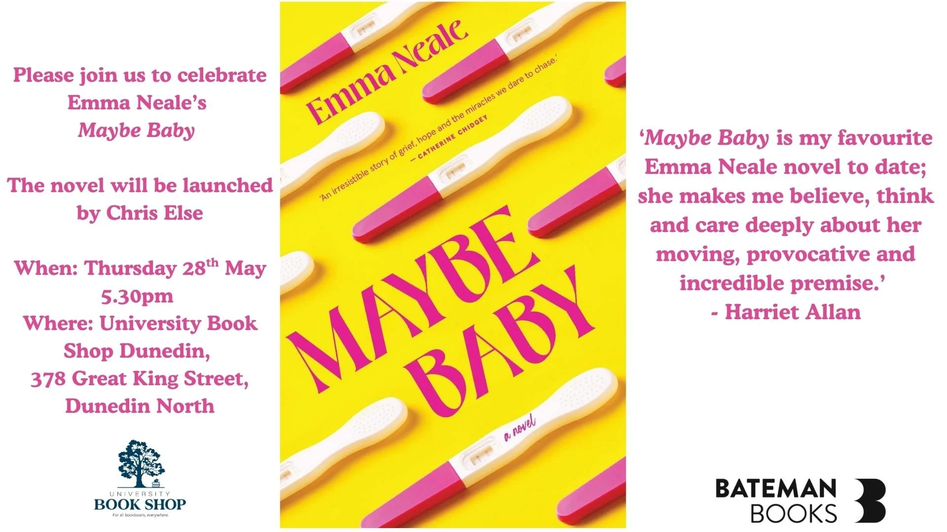 The offical launch for Emma Neale's new novel, Maybe Baby, is happening at University Book Shop on Thursday 28 May, 5:30 p.m 📖

All are welcome - please RSVP to events@unibooks.co.nz so that they can organise ample snacks. 🧀🍞🥂