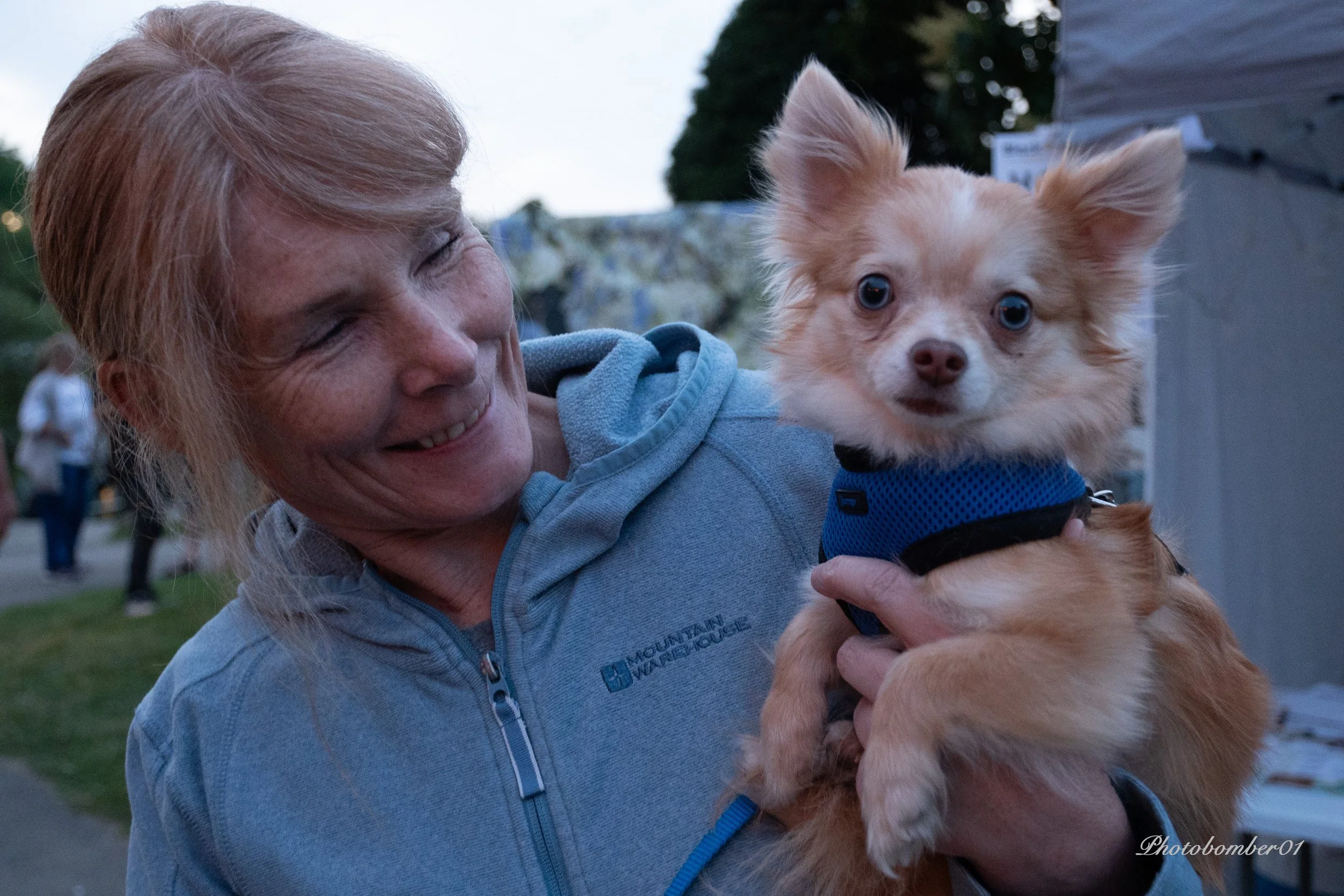 A woman smiling and looking at a small, fluffy dog with tan and white fur, wearing a blue harness, being held in her arms during an outdoor event in the evening.