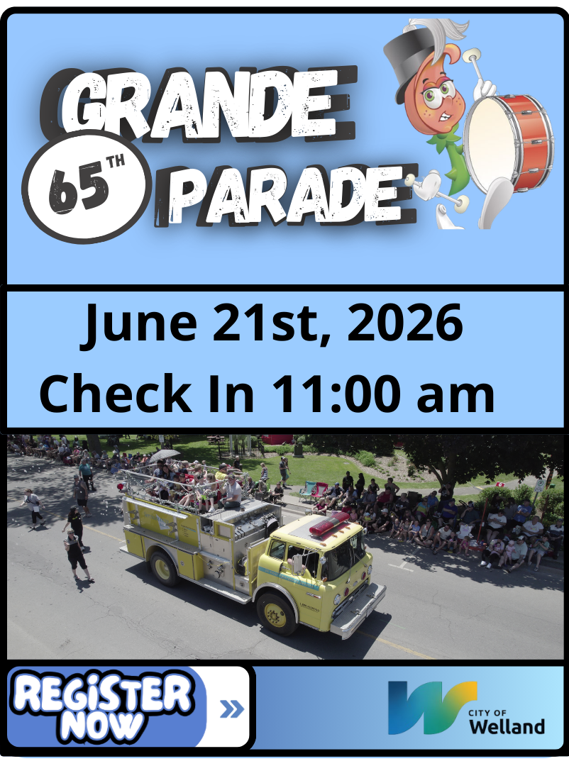Flyer for the 65th Grande Parade on June 21st, 2026, with check-in at 11:00 am, featuring a cartoon character playing drums and a photo of a parade with a yellow fire truck and numerous spectators along the street.
