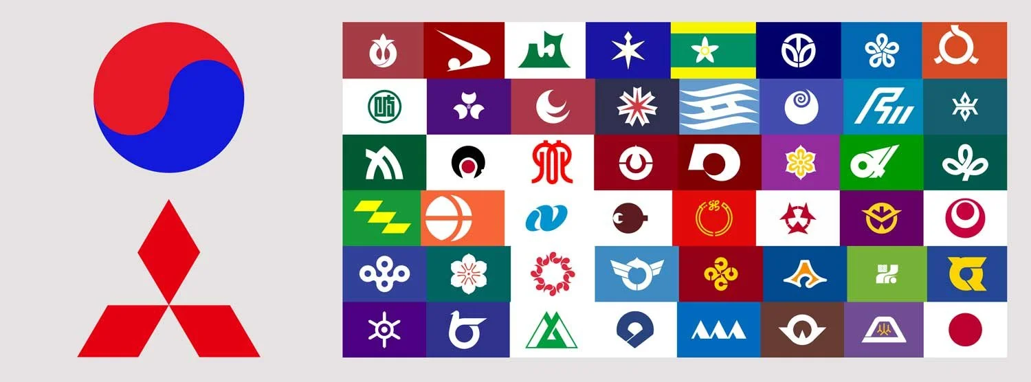 South Korean Taegeuk Mitsubishi logo and Japanese prefecture symbols