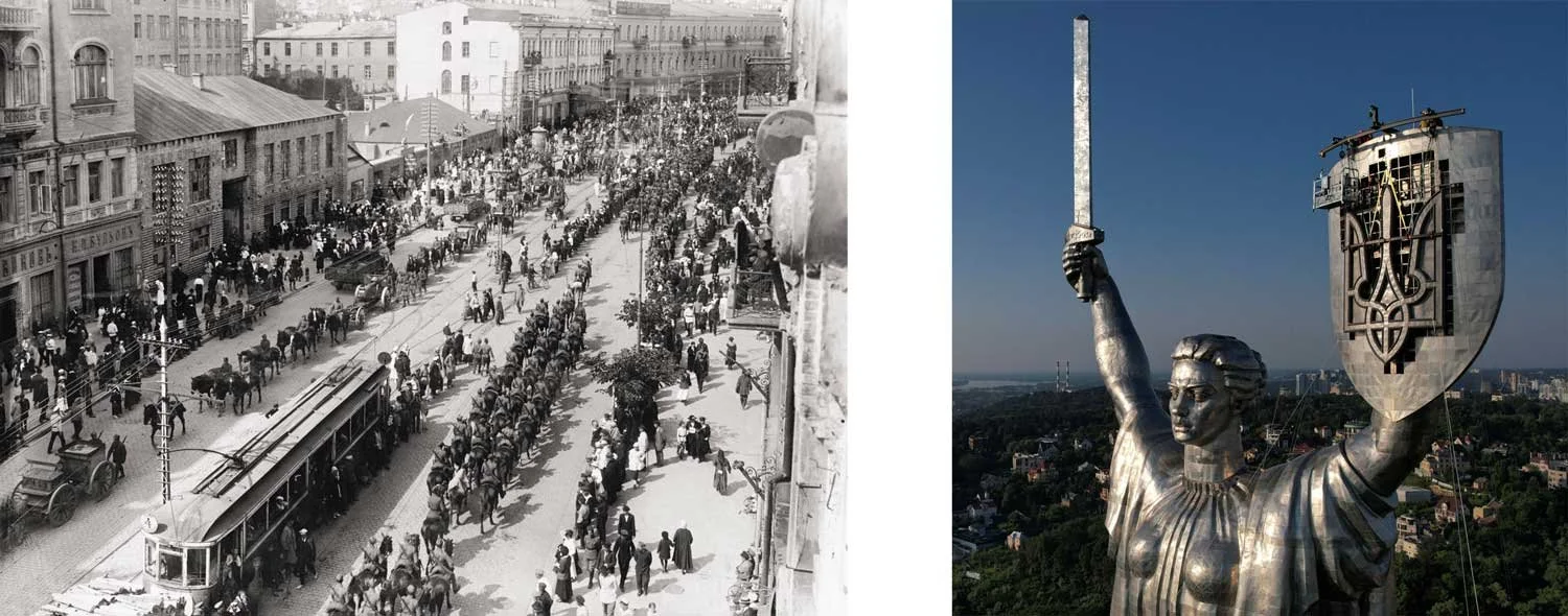 An image of troops amassing in Kyiv alongside an updated Motherland Monument
