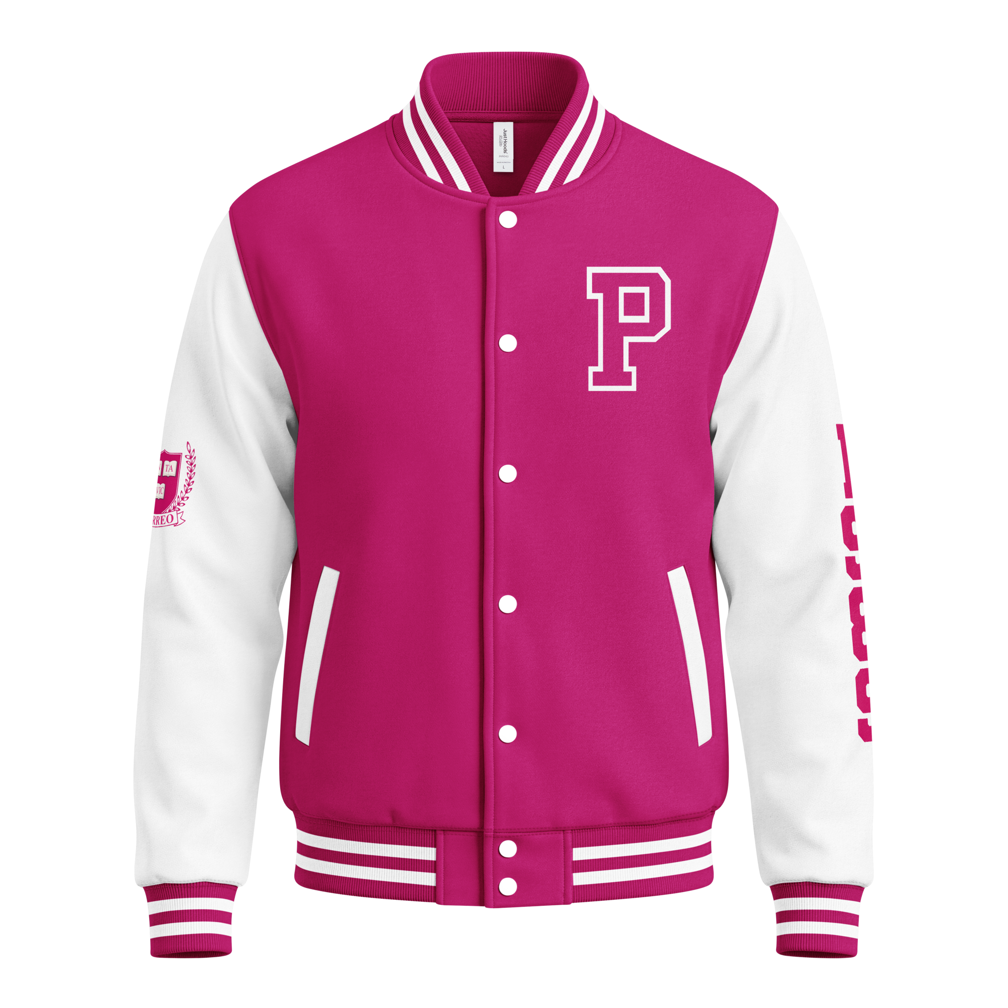 unisex-heavyweight-letterman-jacket-hot-pink-arctic-white-front-6ab0974e7d7de.png