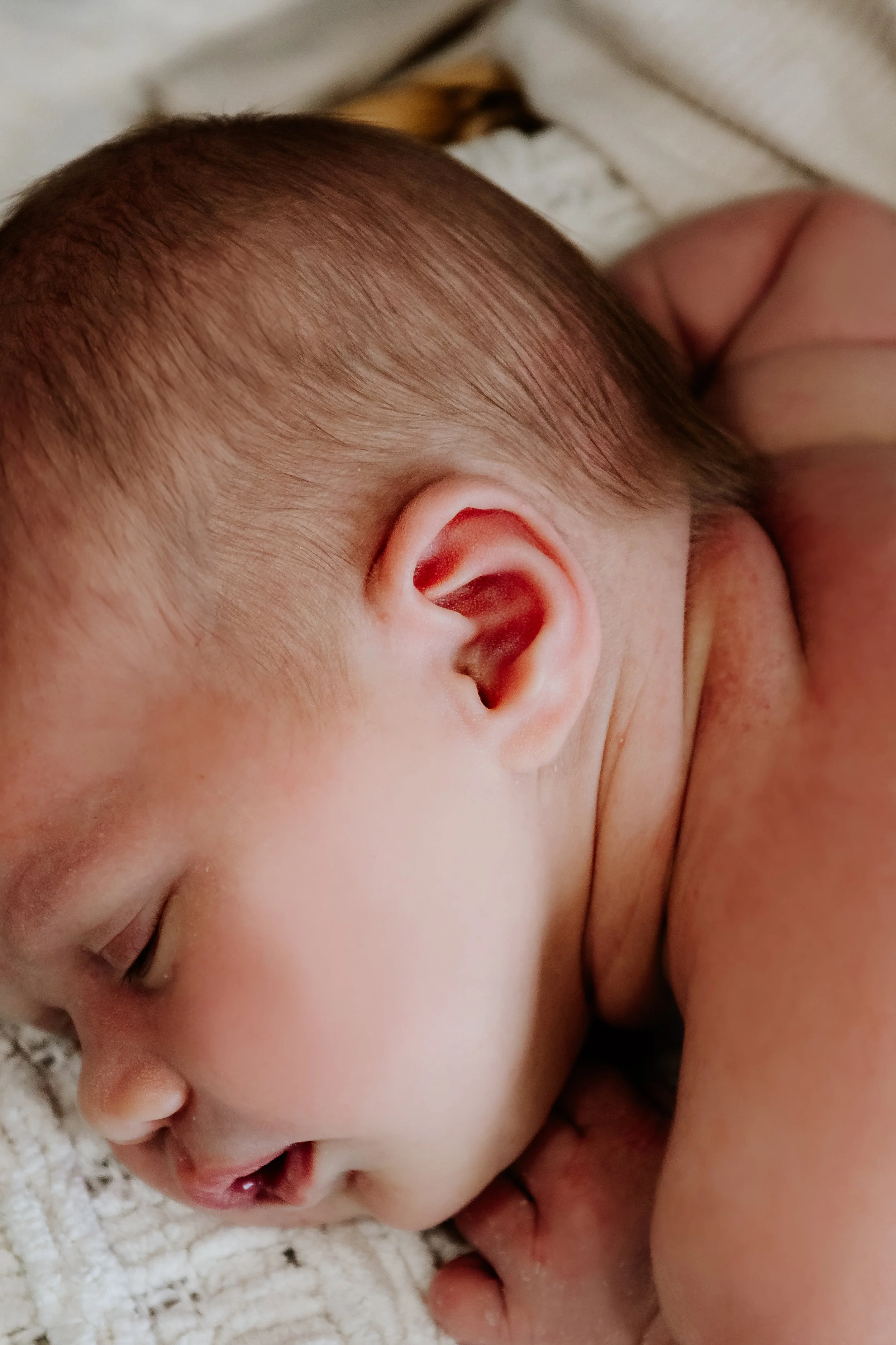 Close-up of a peacefully sleeping baby lying on a soft surface, with an adult's hand gently touching the baby's shoulder at The White Space Studio in Sioux Falls, South Dakota.
