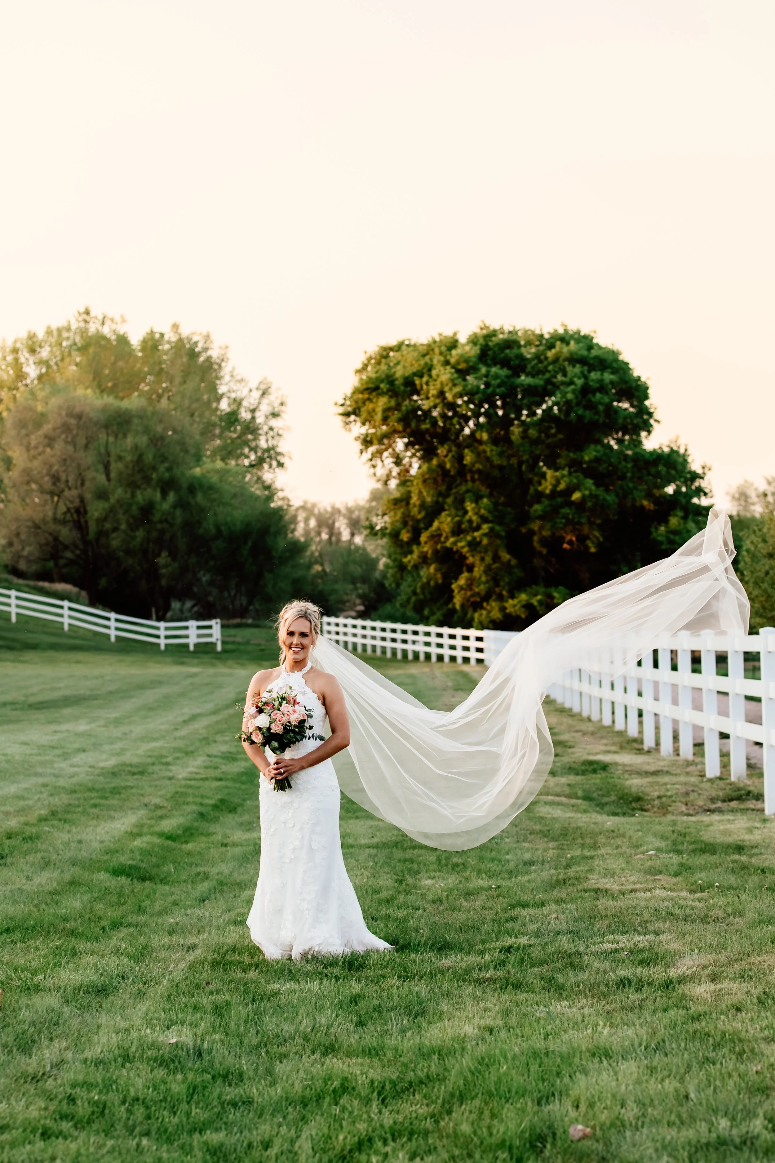 Bride in a white wedding dress holding a bouquet of pink and white flowers standing on a grassy field with a white fence and green trees in the background during sunset at Laurel Ridge in Sioux Falls SD.