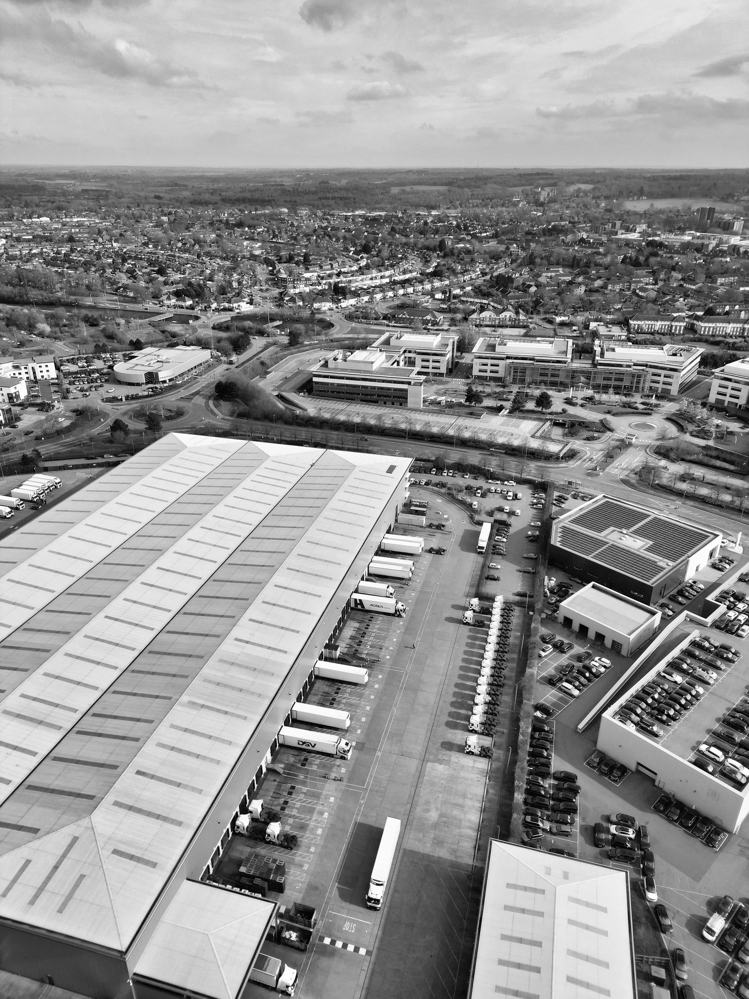 A bird's-eye view photograph of a commercial estate in the UK
