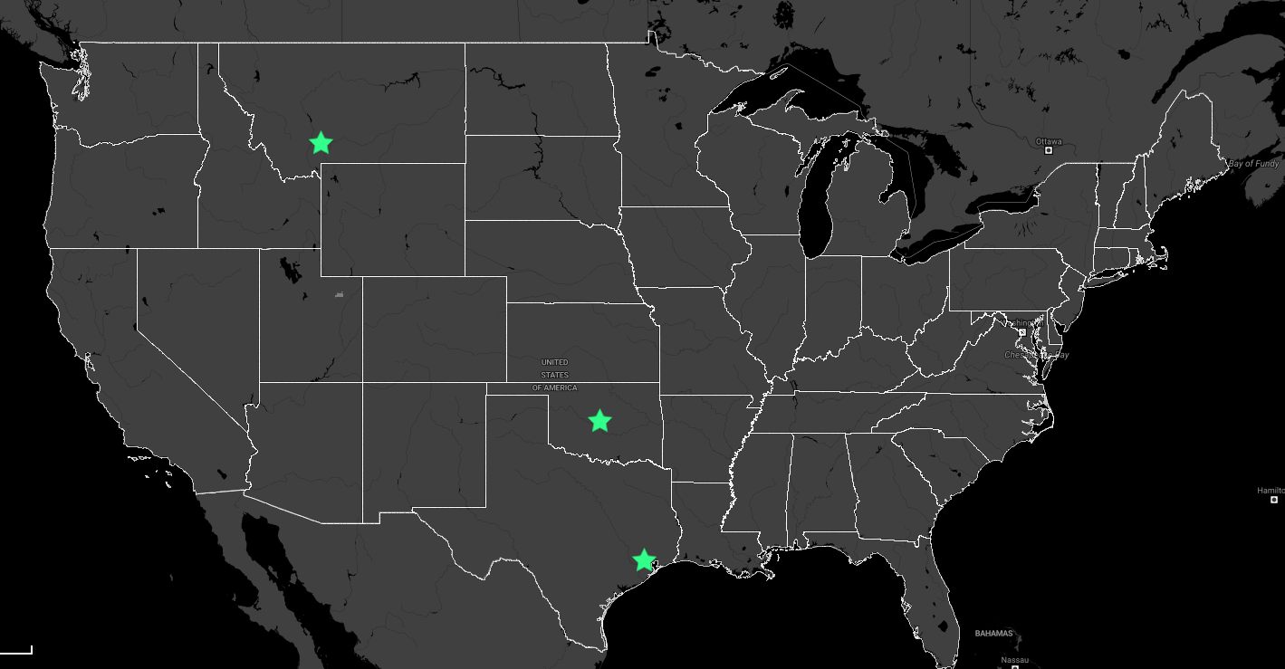 Map of the United States with green star markers in Montana, Oklahoma and Texas