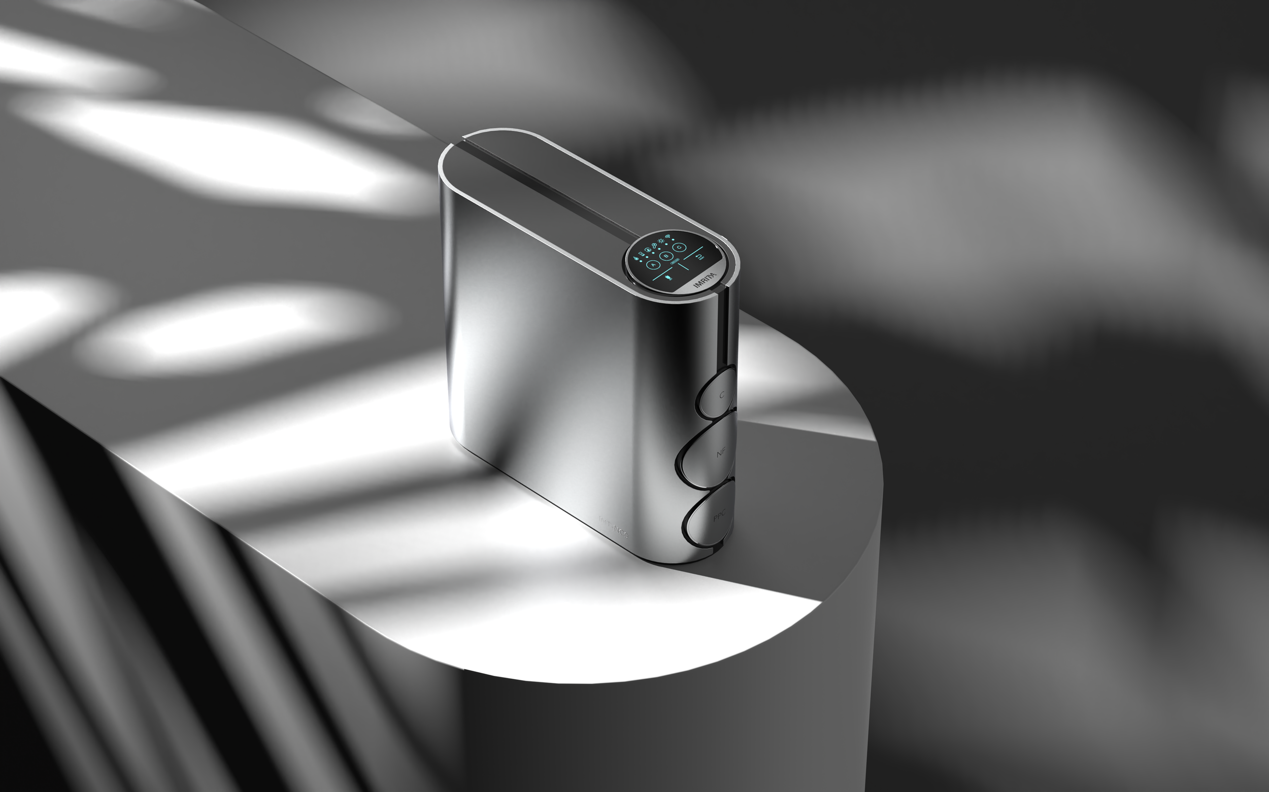 NC-9 water filter system by Imrita, designed by Kai Rump and Studio F. A. Porsche placed on white oval abstact object.