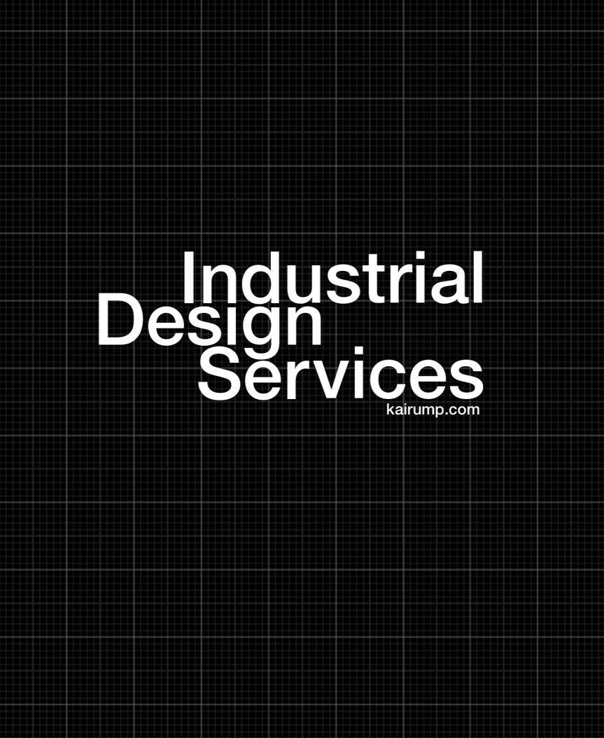 Black background with a grid pattern and white text reading "Industrial Design Services" and the website "kairump.com" by Studio Kai Rump