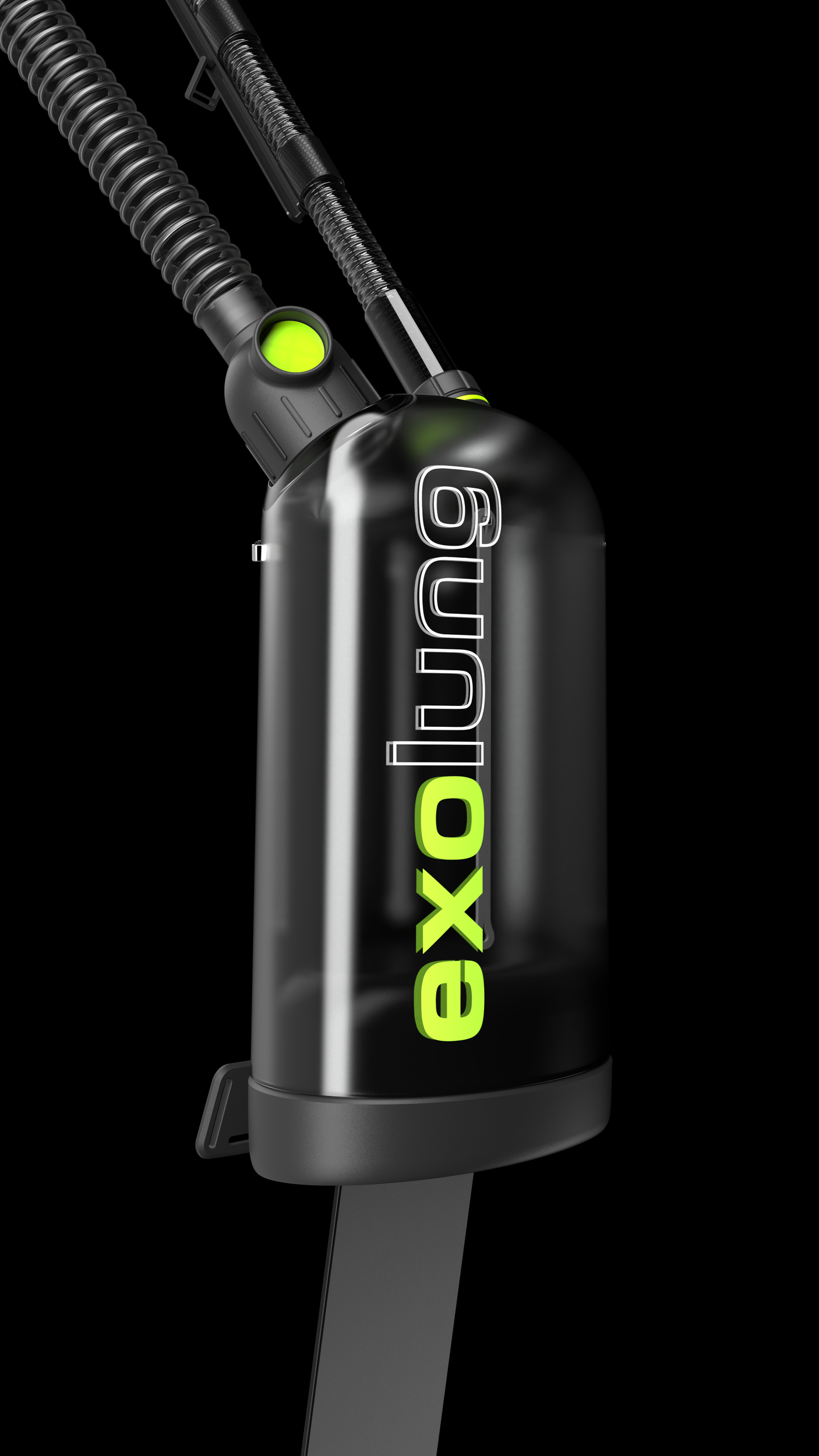 Exolung under water breathing and snorkeling devicee designed by Joerg Tragatschnig and Studio Kai Rump, product shown on dark blackground.