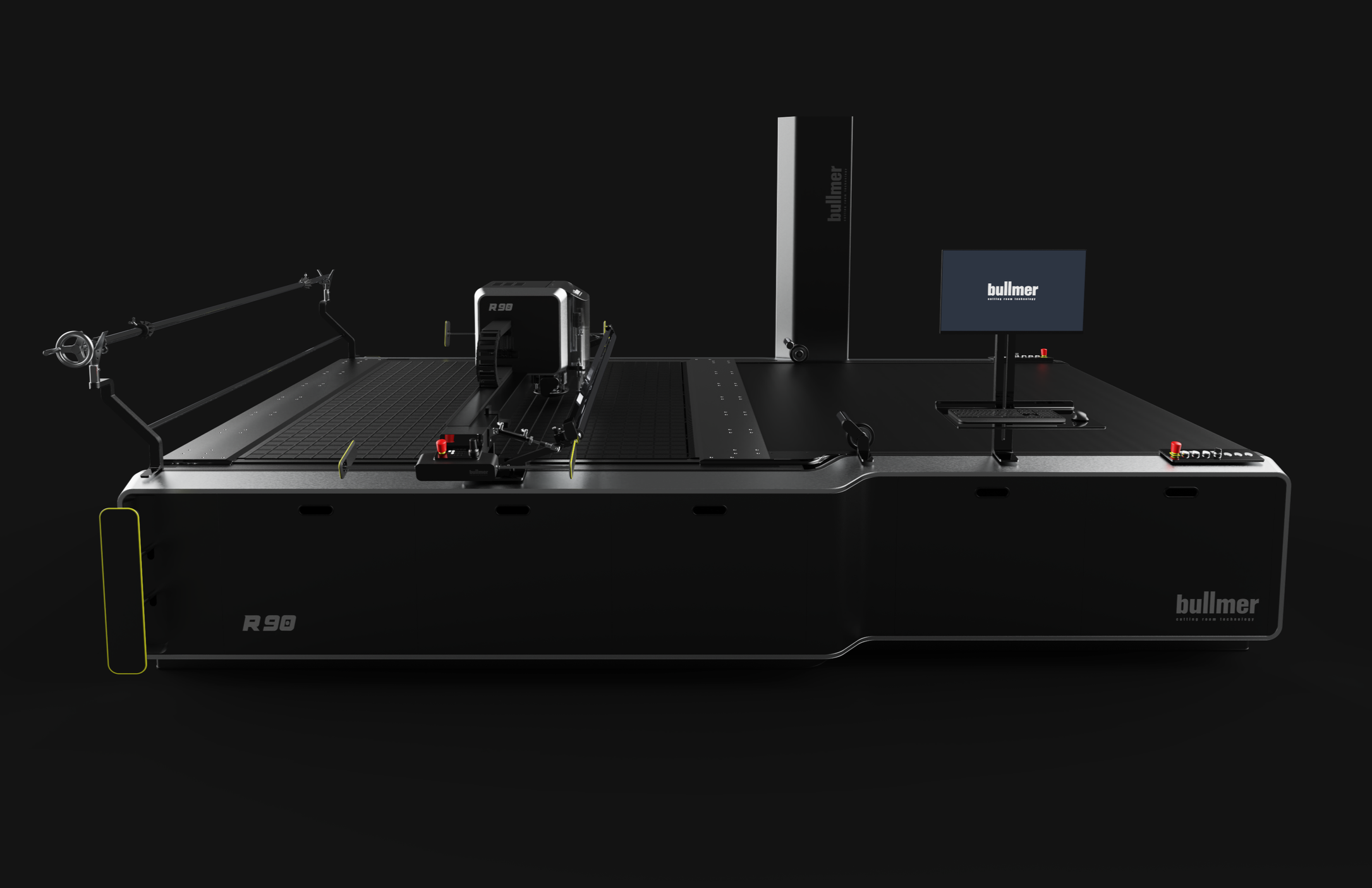 R90 Cutting machine by Bullmer designed by Kai Rump and Studio F. A. Porsche, product presented in low light in dark environment.