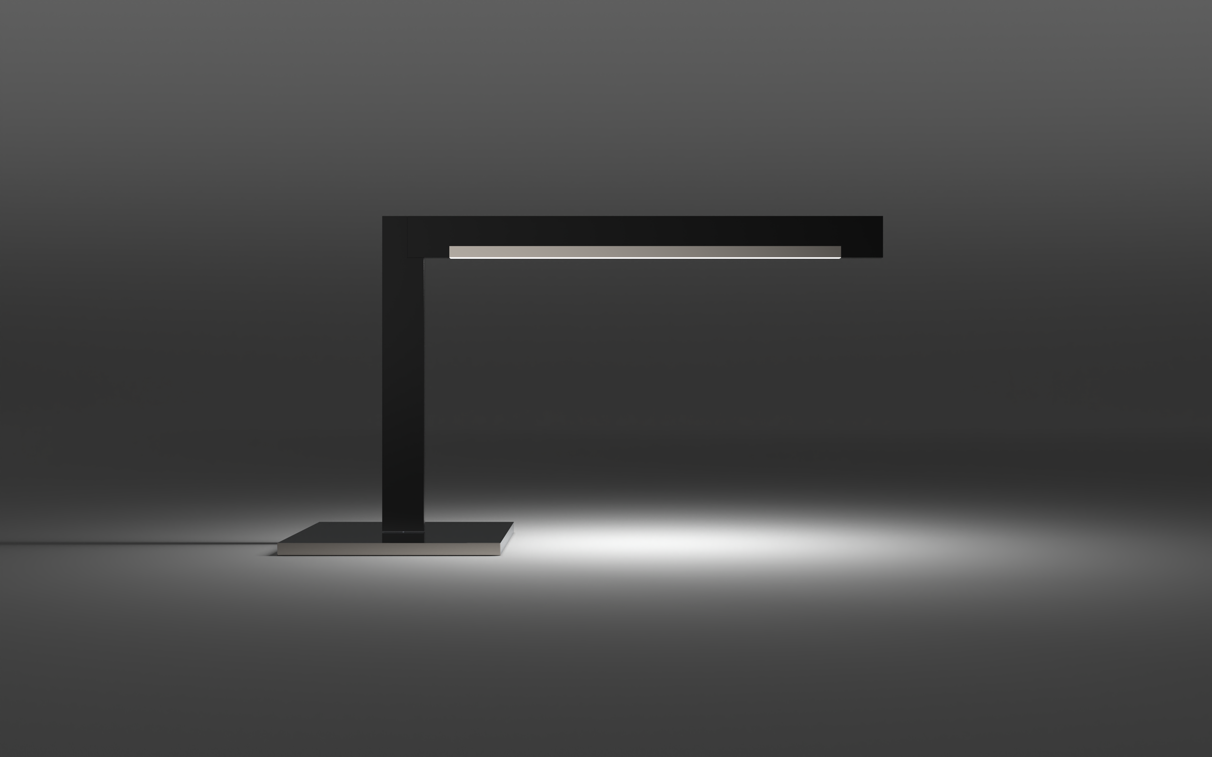 Inlay Desk Lamp by Light-Point, designed by Kai Rump and Studio F. A. Porsche, positioned on dark surface.