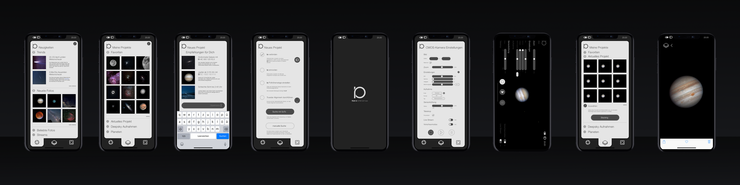 Astrophotography System IO - Imaging Observing designed by Studio Kai Rump, different app screen showing how to interact with the hardware.