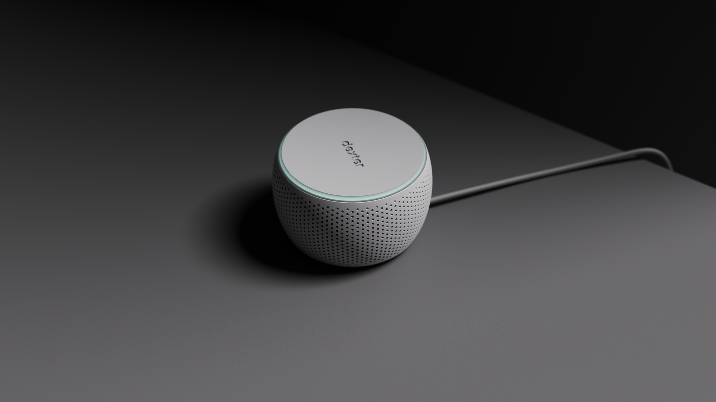 AI Smart Speaker by Dexter Health, designed by Studio Kai Rump, white product on dark surface.