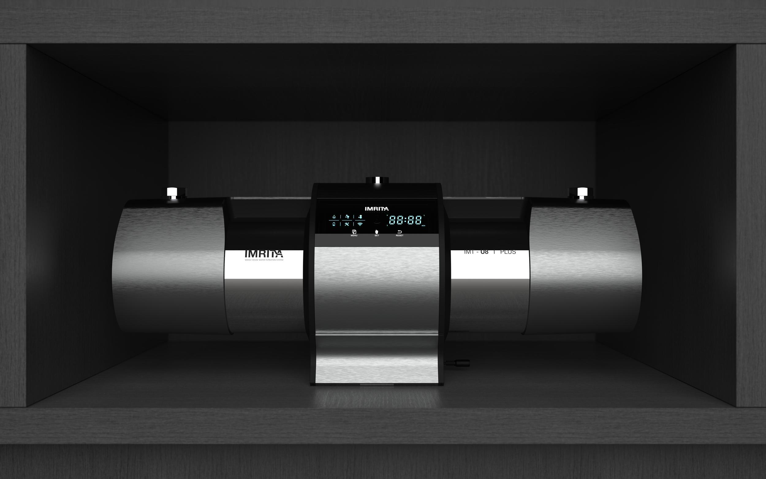 U8 Water Filter Unit by Imrita, designed by Kai Rump and Studio F. A. Porsche, positioned in minimal dark cabinet.