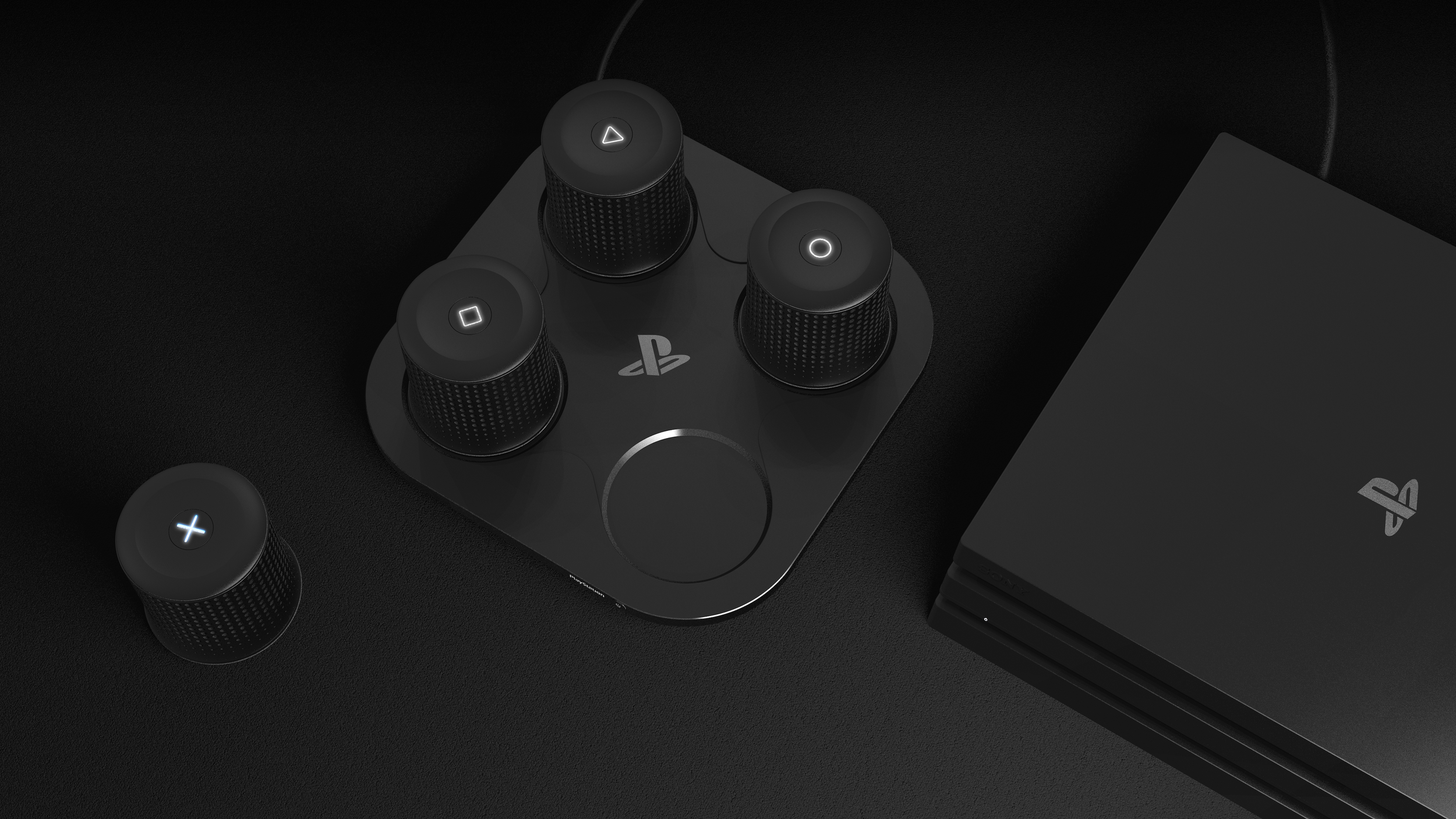 Sony Playstation Virtual Reality Audio System non-commercial student project designed by Studio Kai Rump, System shown together with Playstation 4 Pro on grey surface.