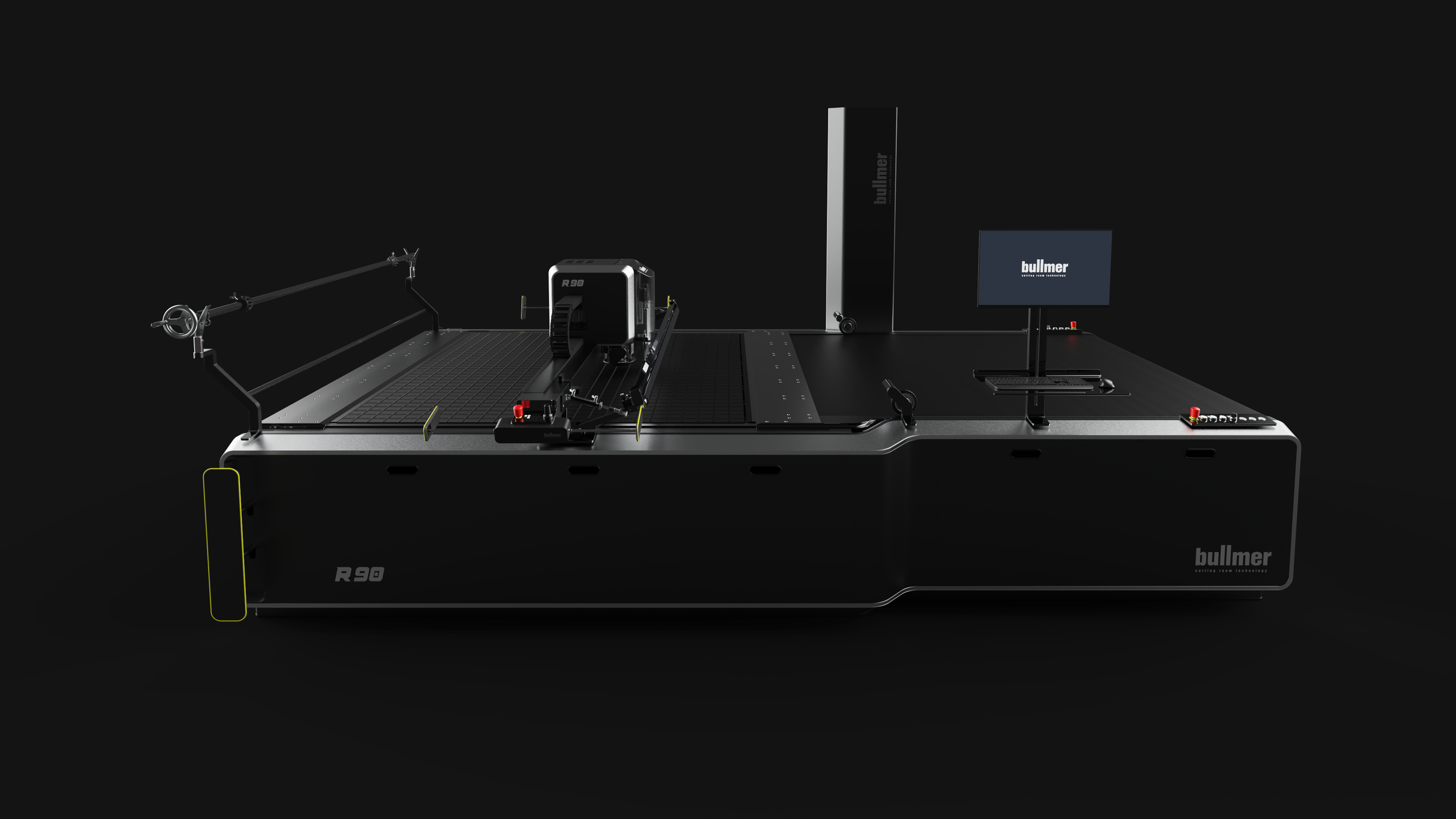 R90 cutting machine by Bullmer, designed by Kai Rump and Studio F. A. Porsche, placed in dark surrounding.