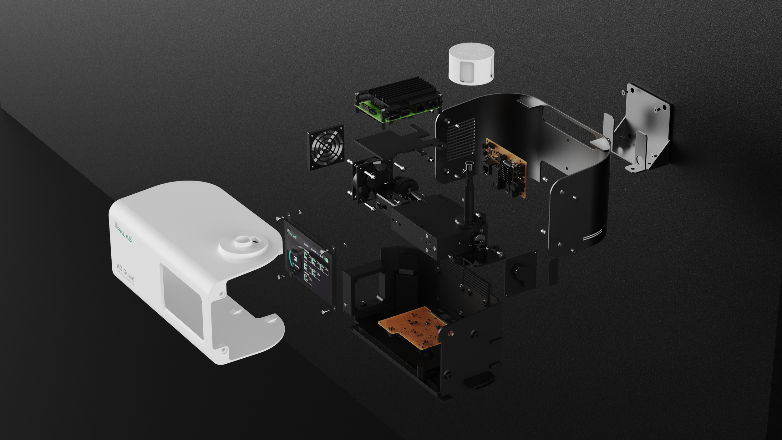 AQ Guard by Palas, designed by Kai Rump and Studio F. A. Porsche, white product explosion view on dark surface.