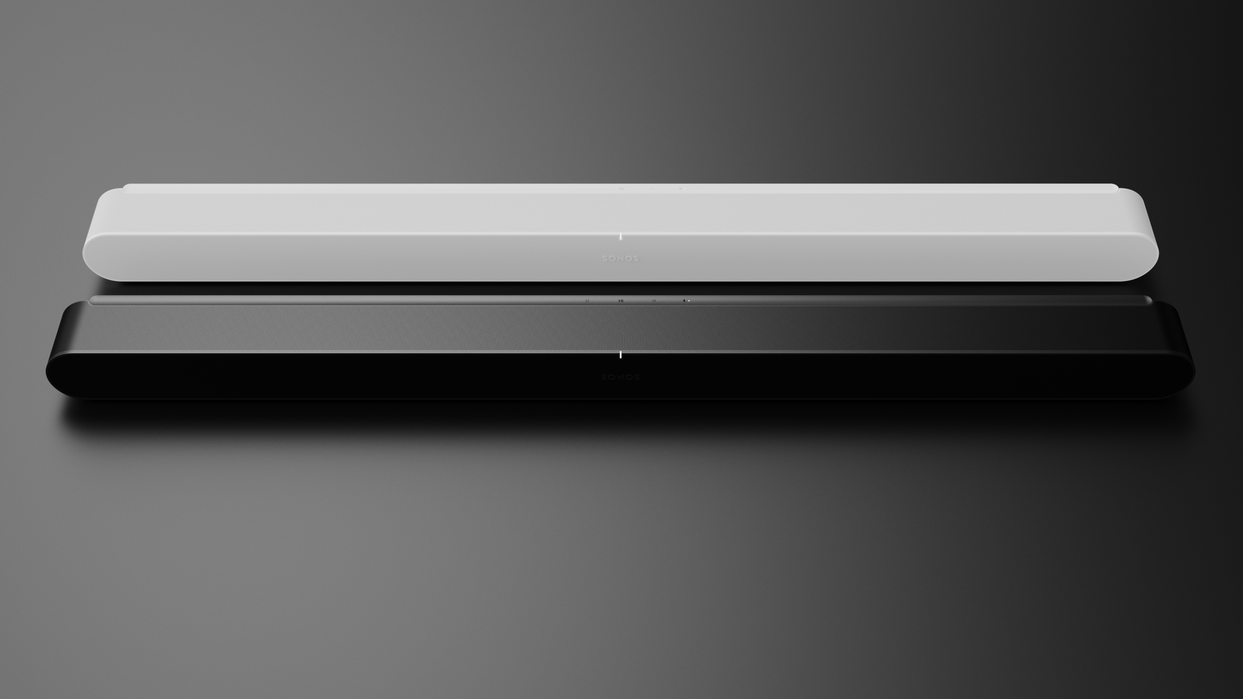 Arc by Sonos non-commercial student concept by Kai Rump, black and white variants, displayed on a dark surface with a gradient background.