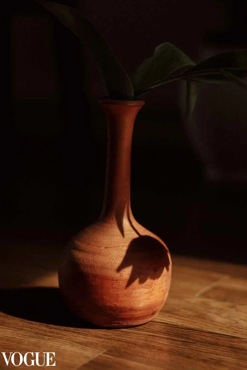 Photographie d'un vase en terre cuite posé sur du parquet, à moitié caché dans l'ombre. On devine une tige de fleur mais seule est visible l'ombre de la fleur projetée sur le bas du vase.