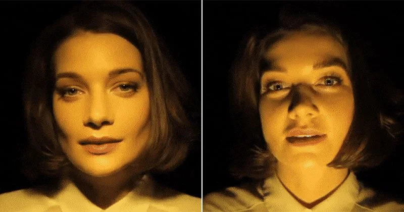 Deux photos côte à côte du même visage mais éclairé de façon différente afin de comparer le placement des ombres et l'influence de la lumière.