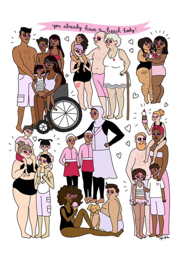 Illustration montrant des personnes de toutes morphologies et disant "you already have a beach body !"