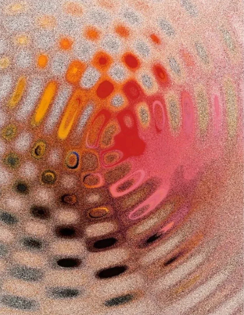 Abstract colorful digital art with dots, lines, and swirling patterns in reddish, pink, yellow, and black tones.
