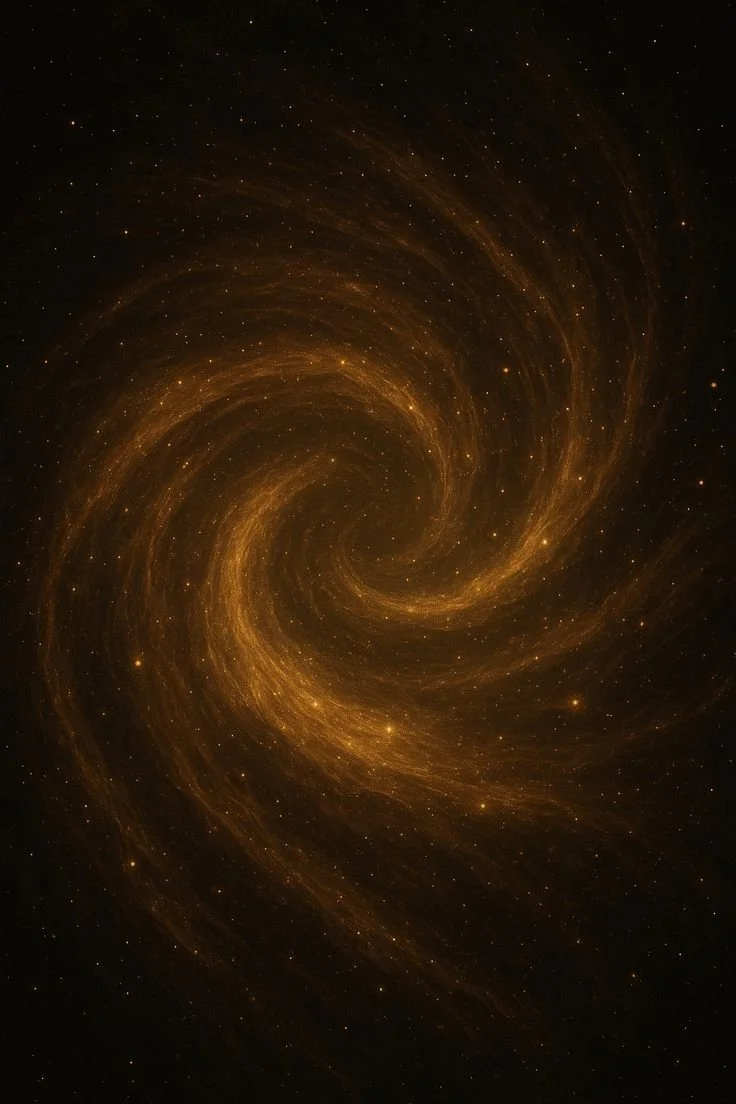 A swirling golden and black galaxy with bright stars and cosmic dust