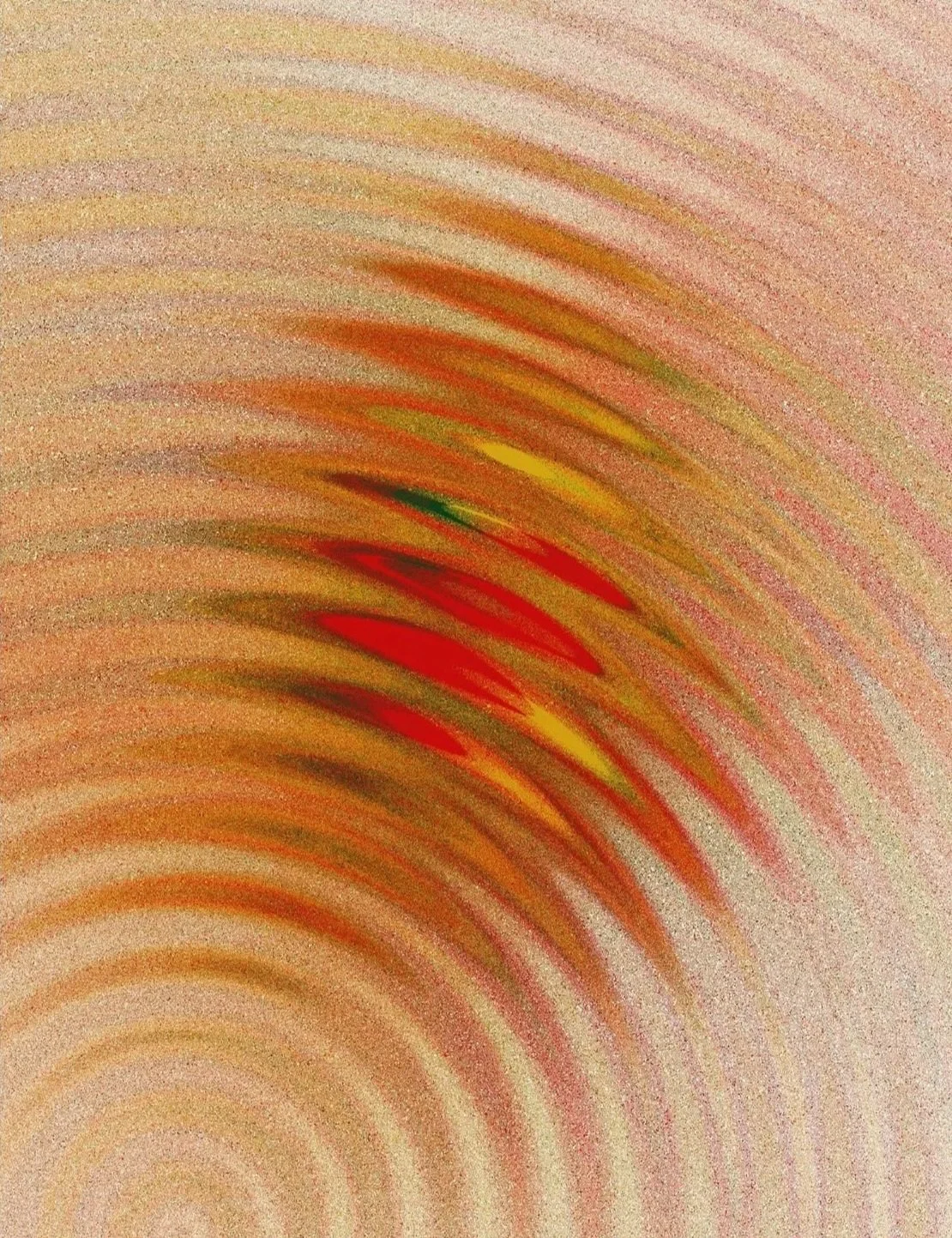 Abstract image with curved, radiating lines in shades of red, yellow, orange, green, and beige.